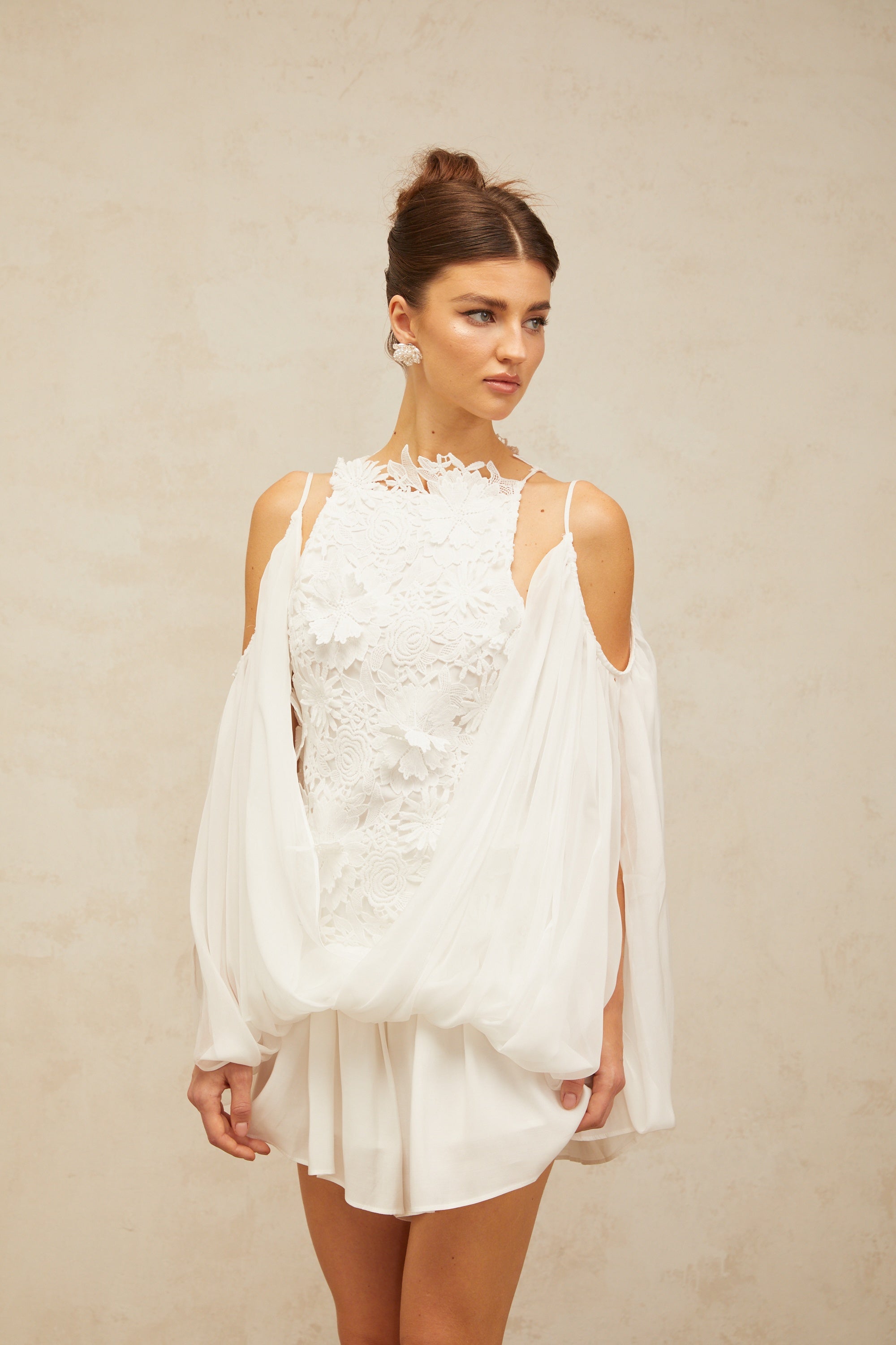 Mailys white floral-lace voile top & shorts matching set