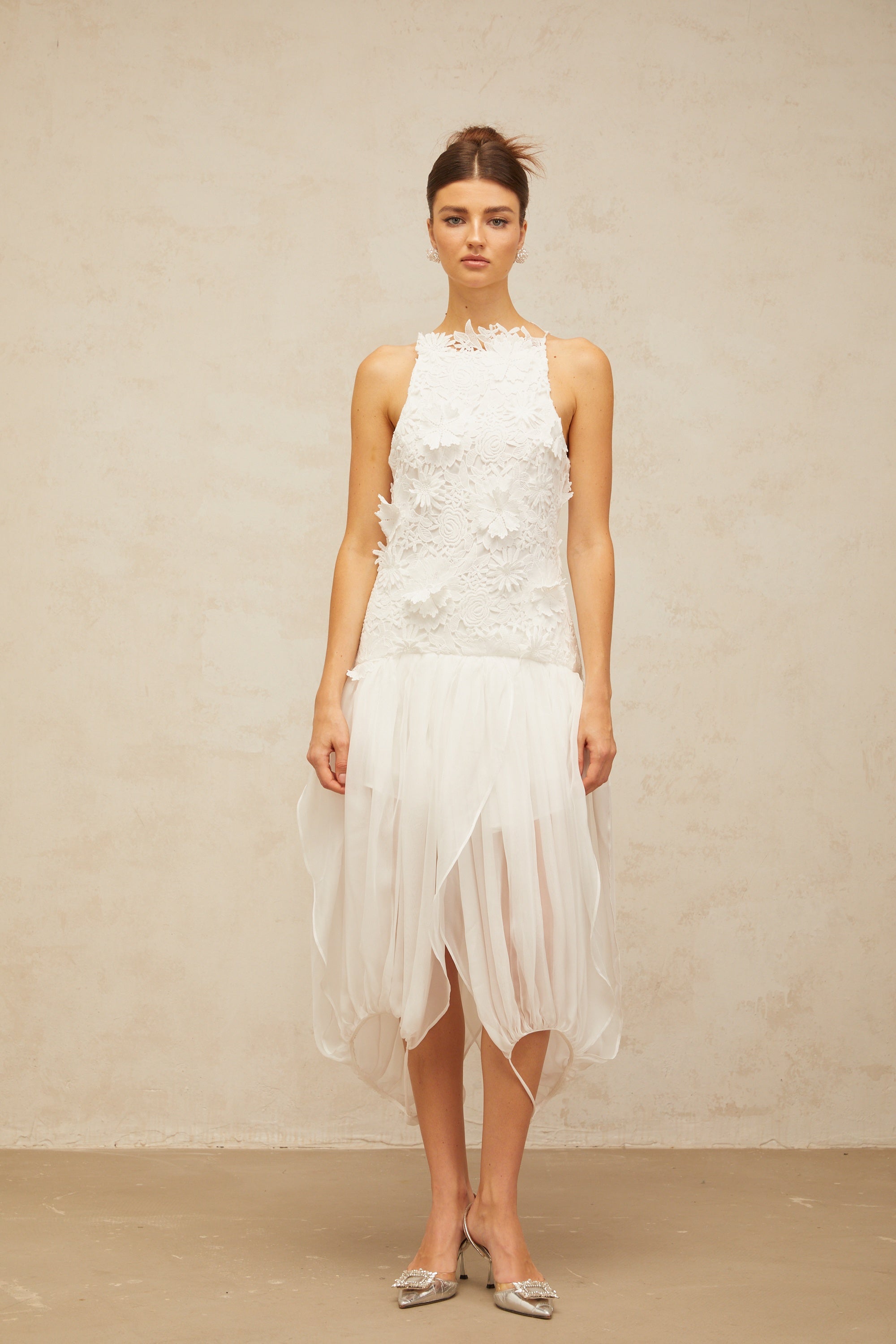 Mailys white floral-lace voile top & shorts matching set