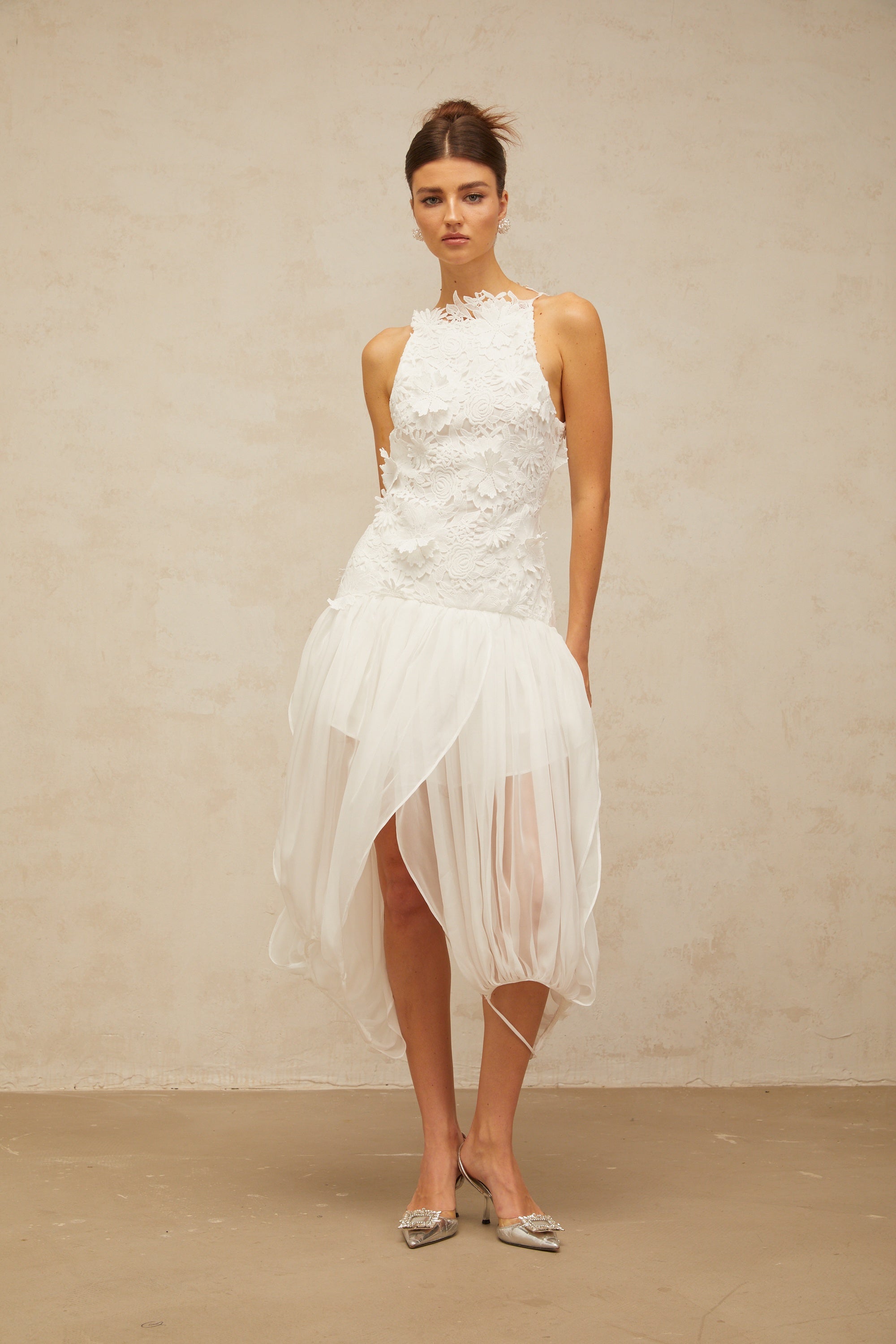 Mailys white floral-lace voile top & shorts matching set