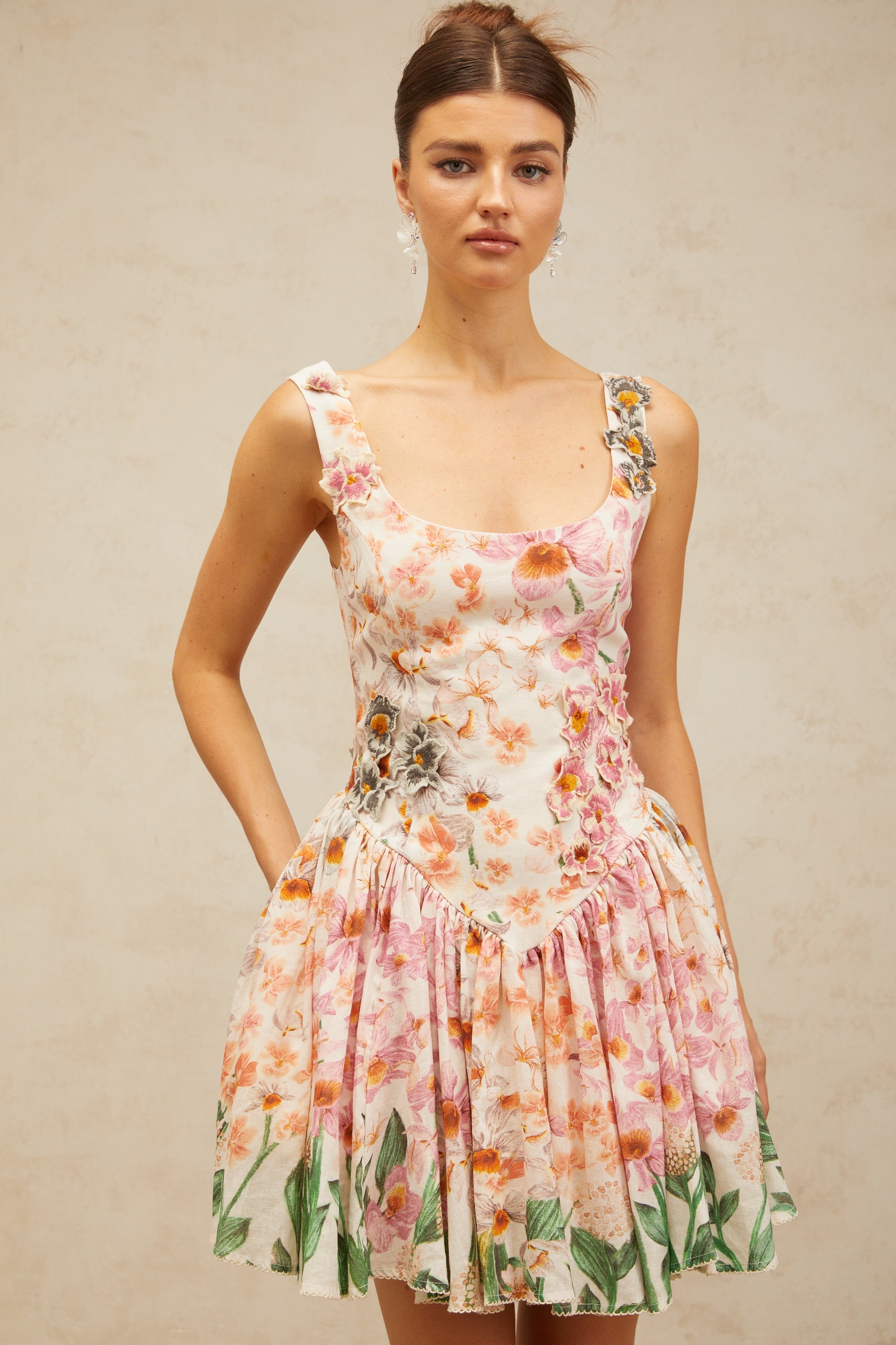 Michèle pink floral-print pleated mini dress