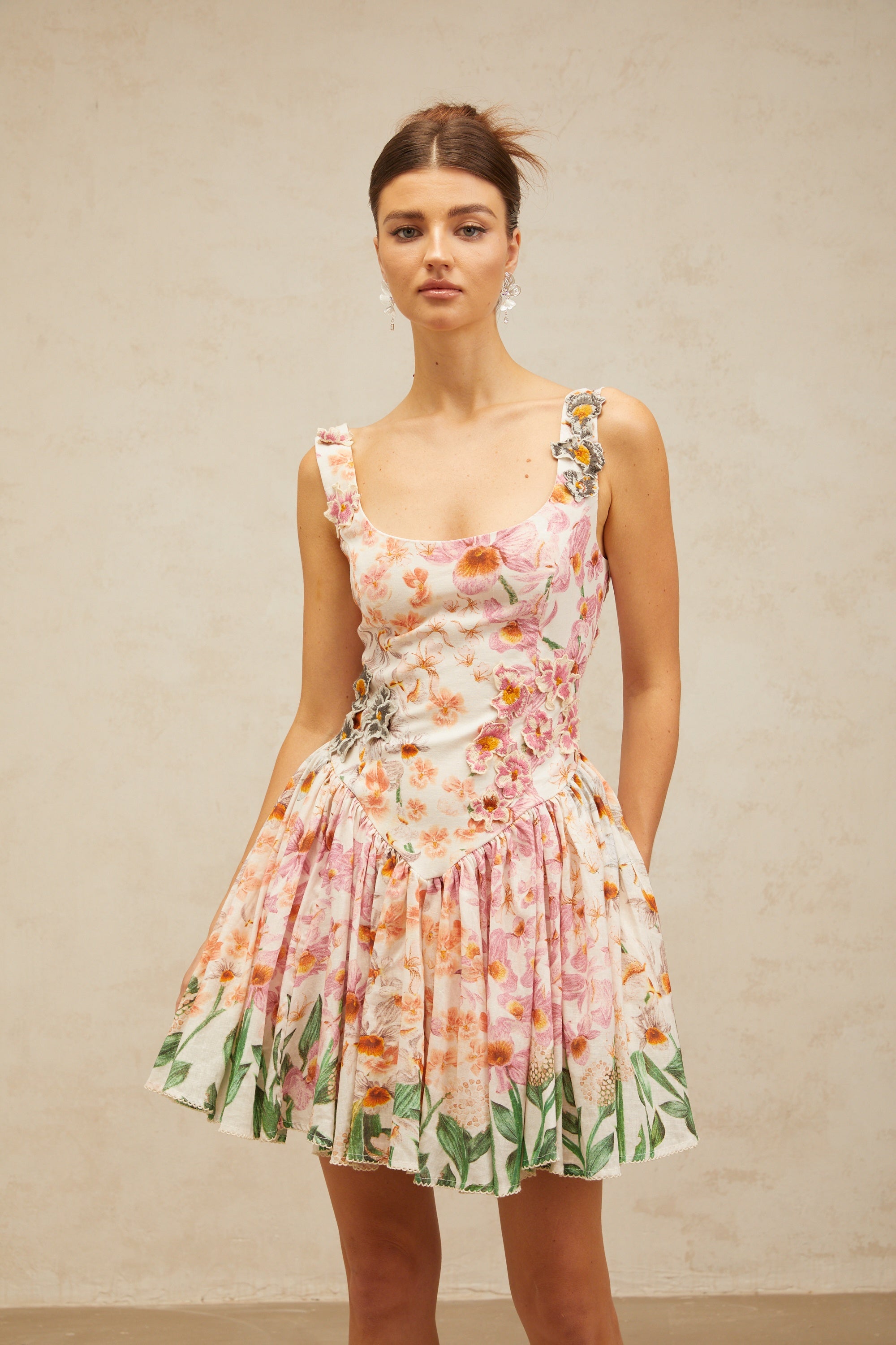 Michèle pink floral-print pleated mini dress