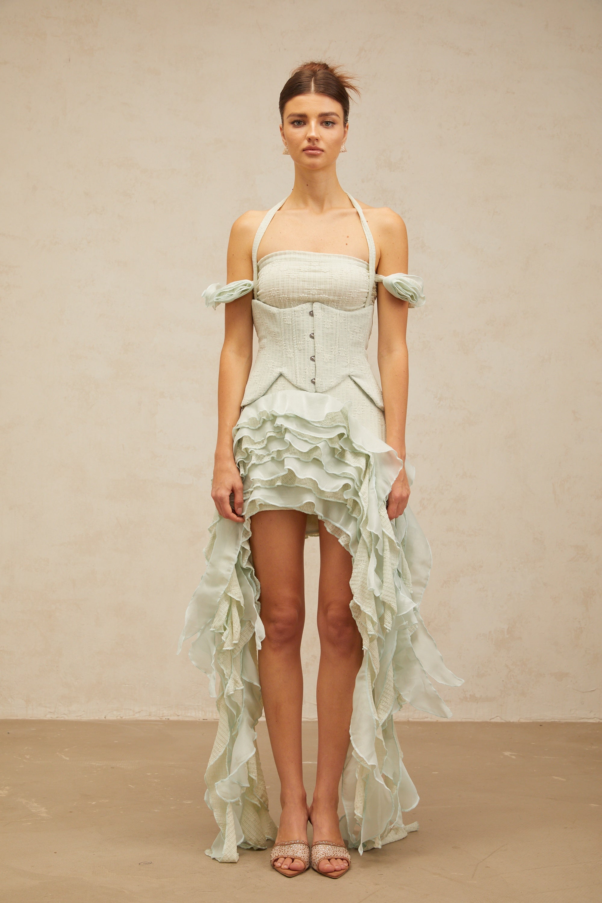 Patricia green floral-appliqué asymmetrical ruffled mini dress