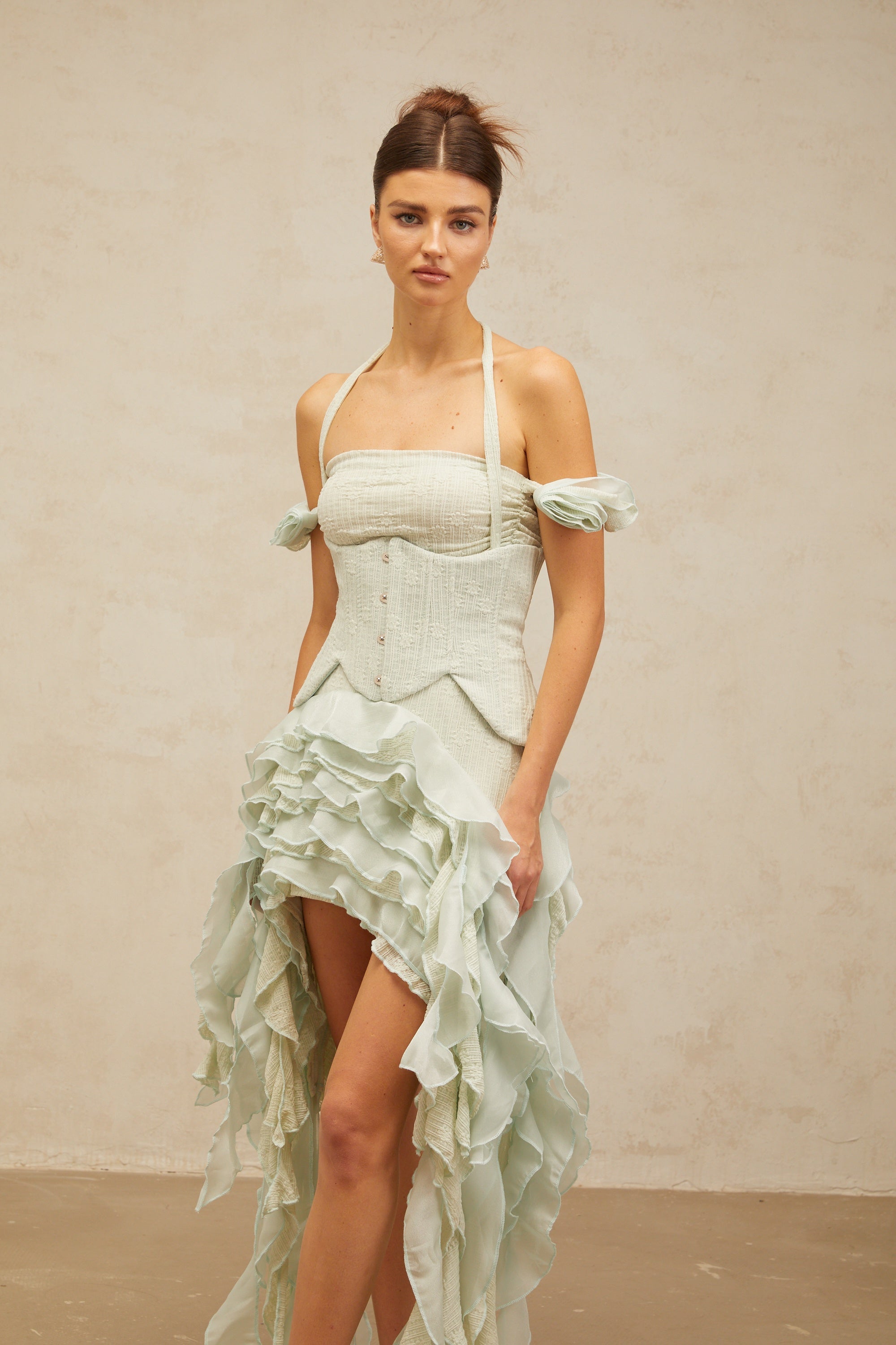 Patricia green floral-appliqué asymmetrical ruffled mini dress