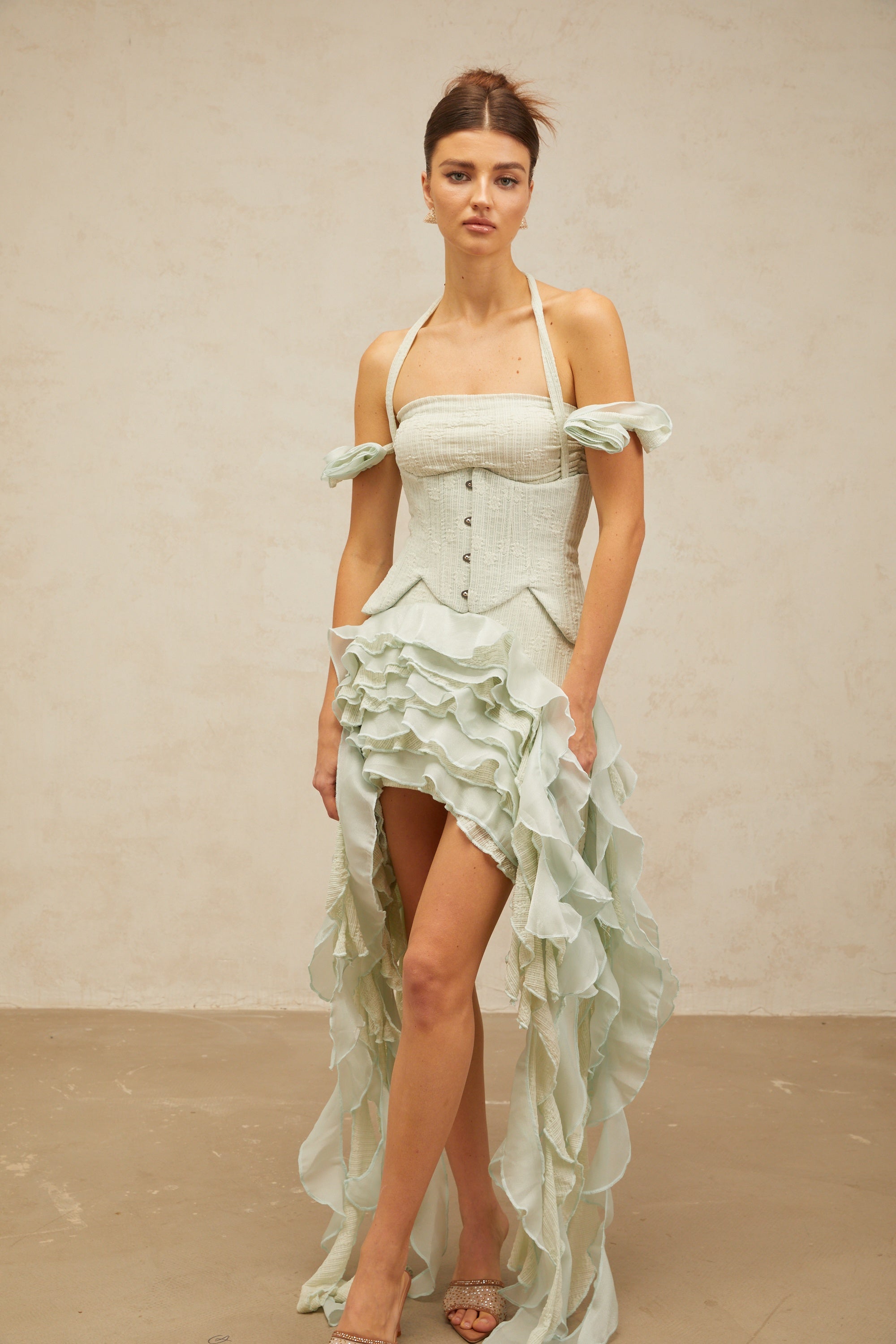 Patricia green floral-appliqué asymmetrical ruffled mini dress