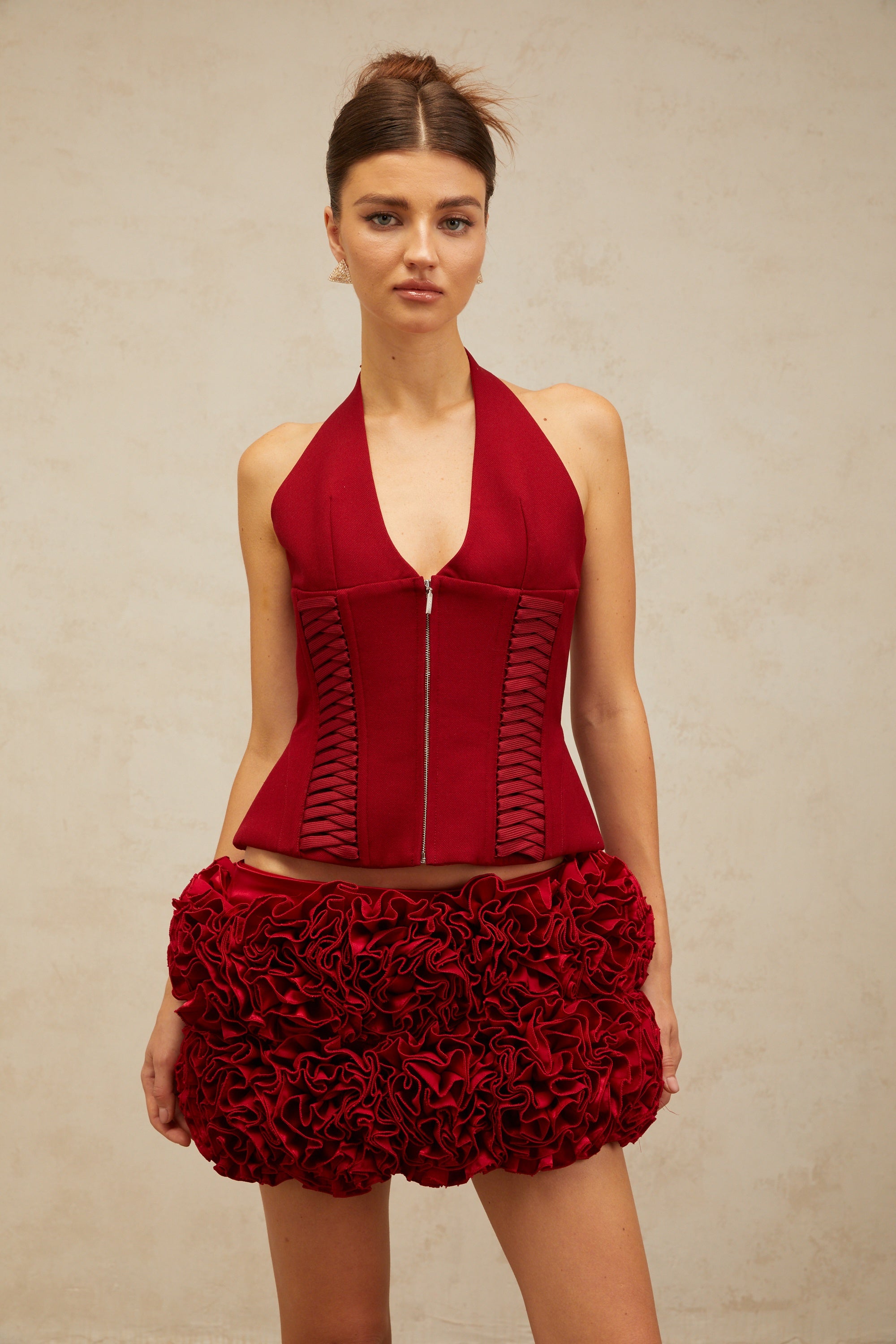 Paloma red halterneck lace-up top