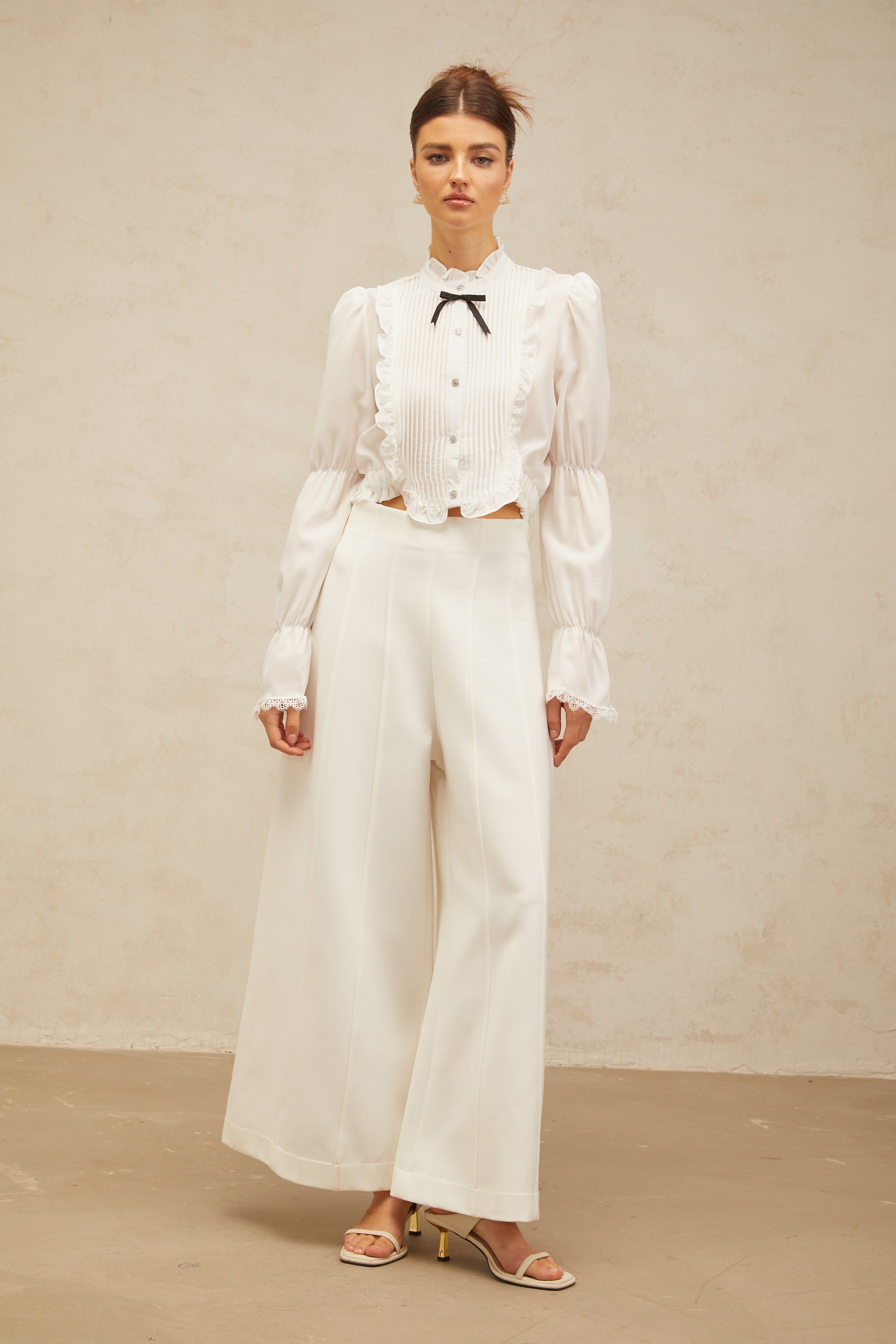 Paulette white bowknot shirred-panel ruffled shirt