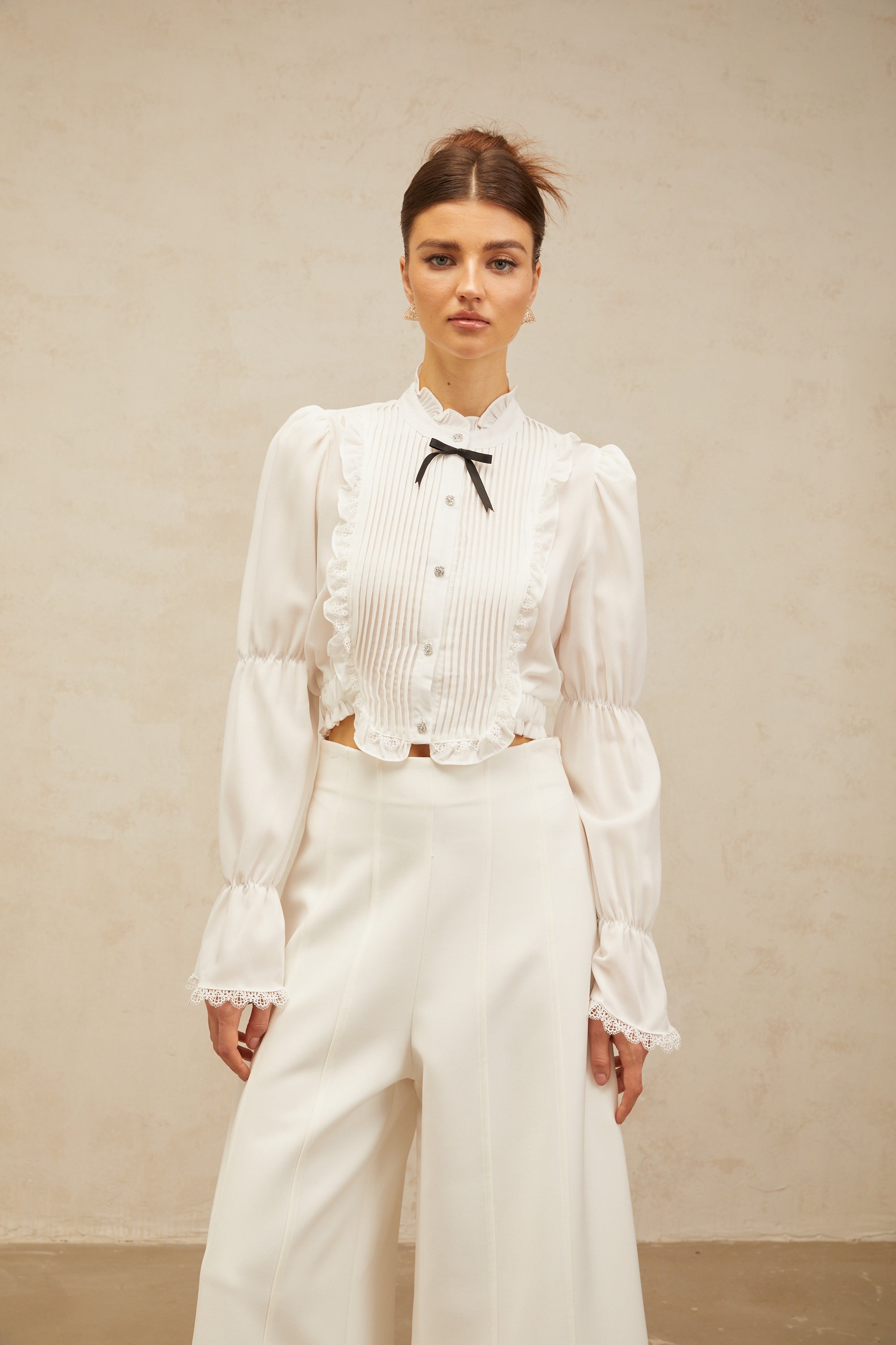Paulette white bowknot shirred-panel ruffled shirt