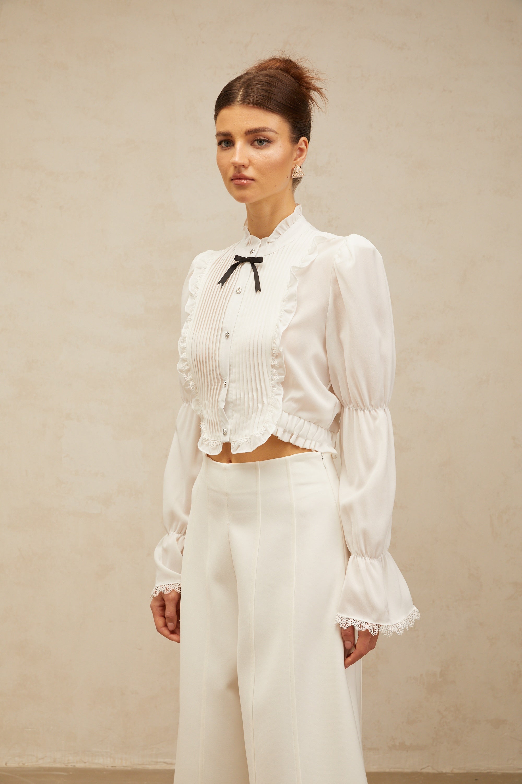 Paulette white bowknot shirred-panel ruffled shirt