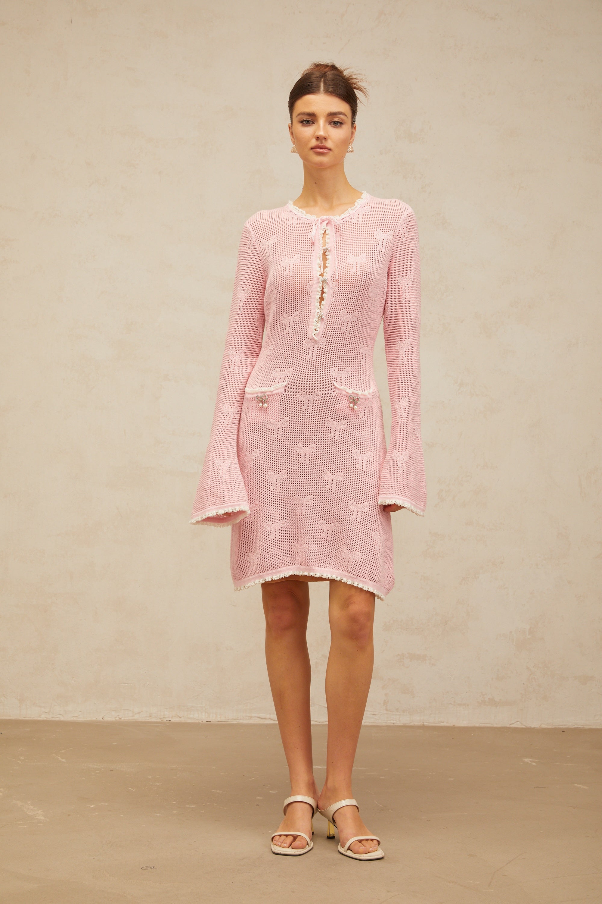 Marjolaine pink embellished crochet-knit mini dress