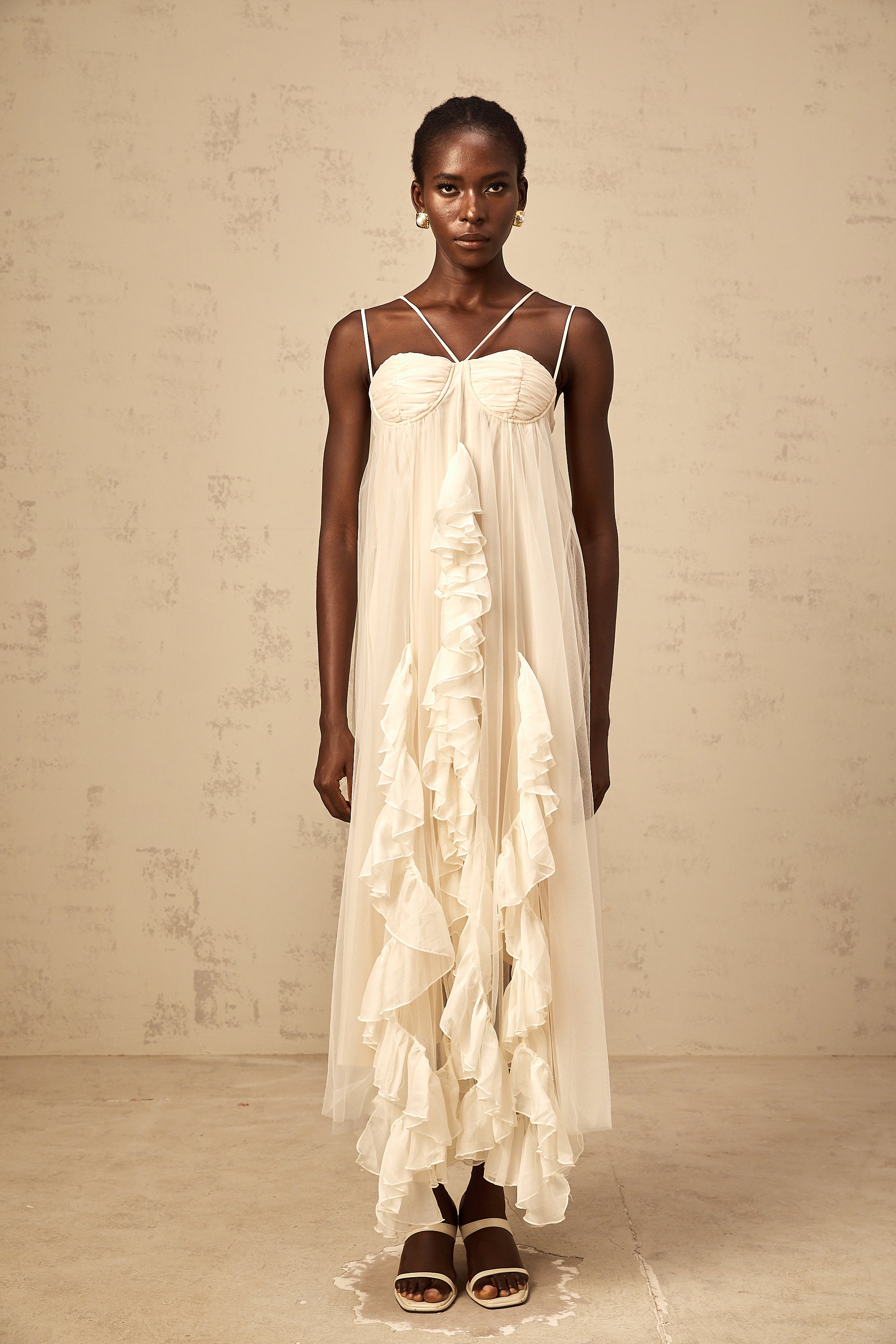 Colette layered ruffled tulle maxi dress in Neutrals