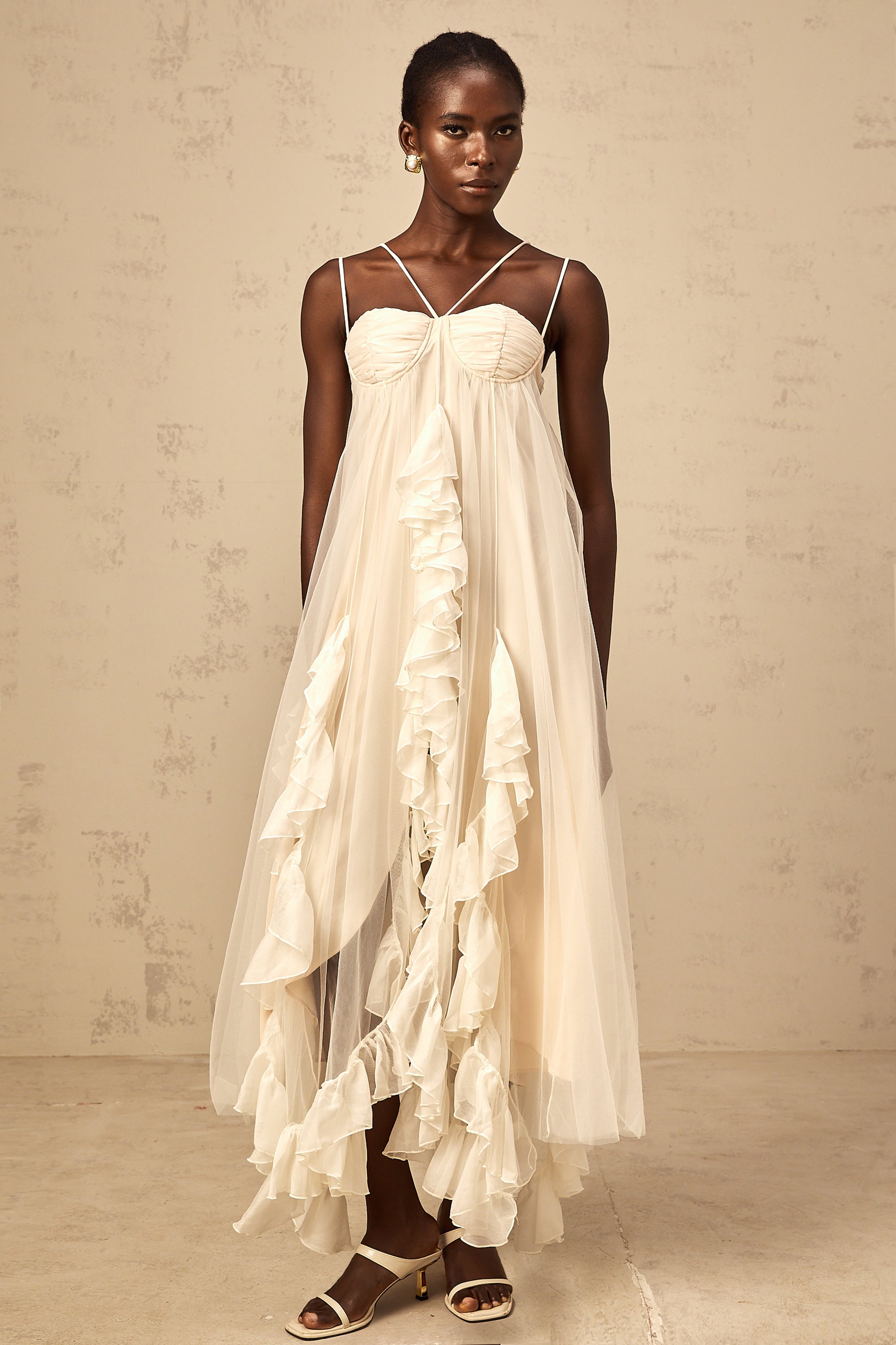 Colette layered ruffled tulle maxi dress in Neutrals