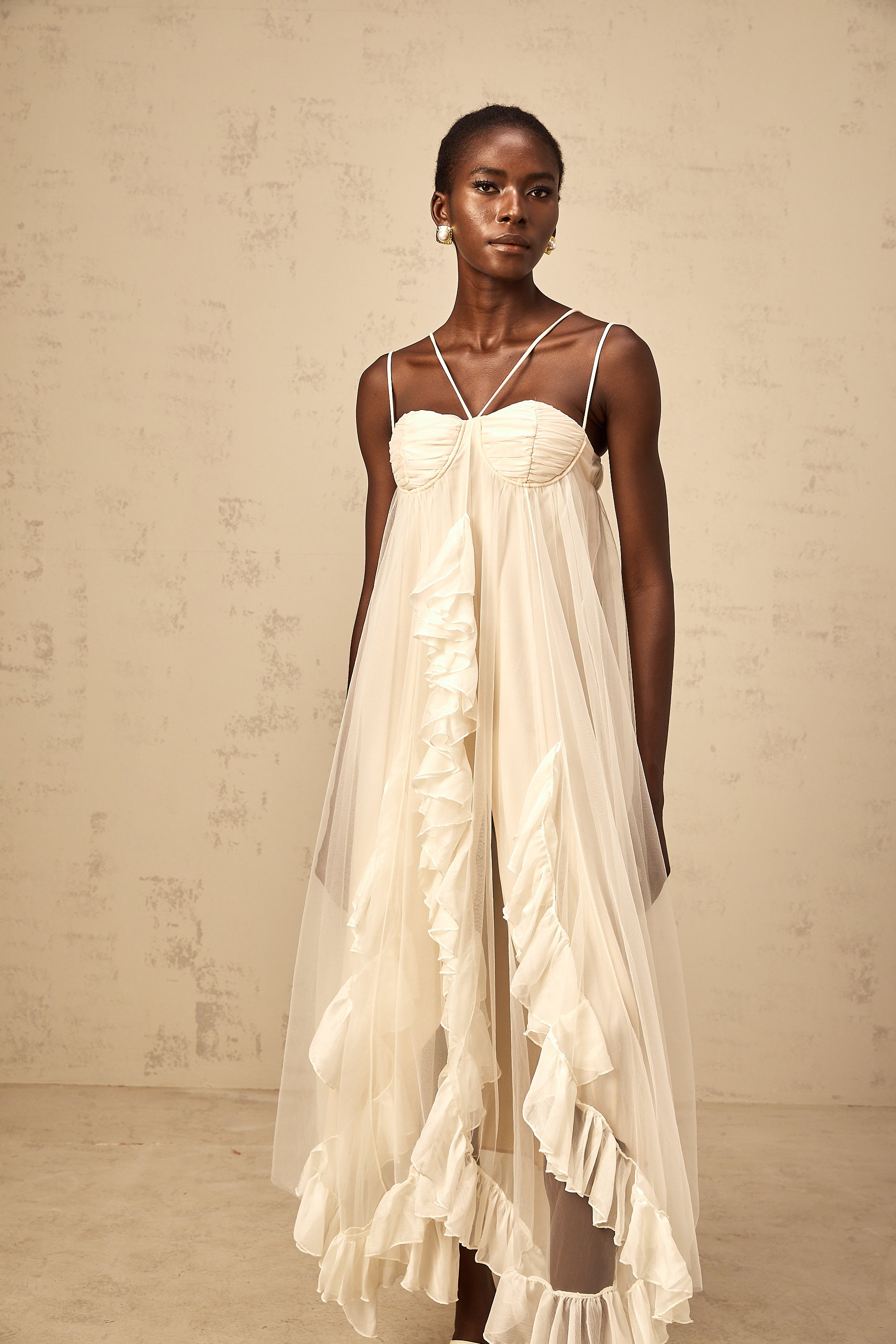 Colette layered ruffled tulle maxi dress in Neutrals