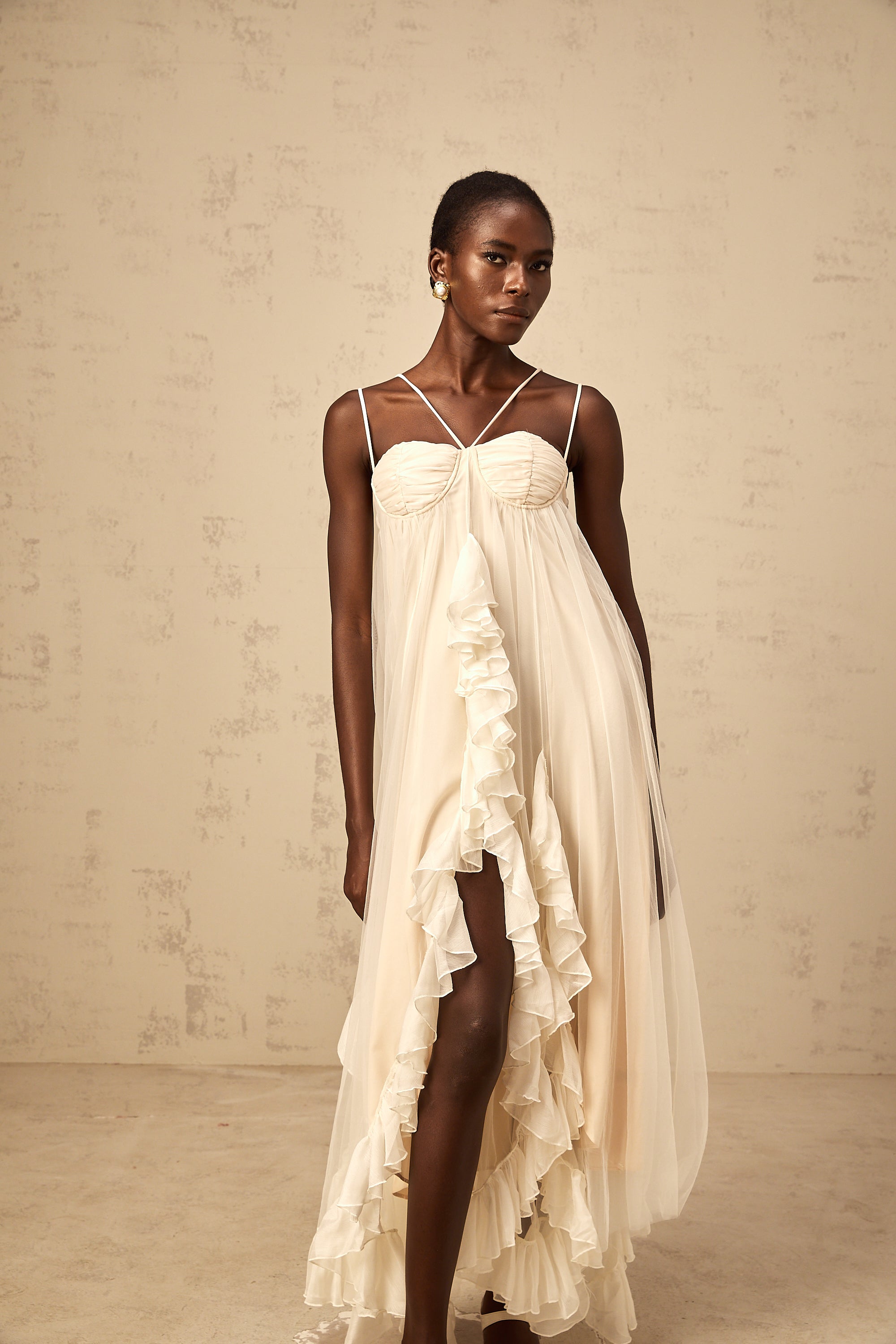 Colette layered ruffled tulle maxi dress in Neutrals