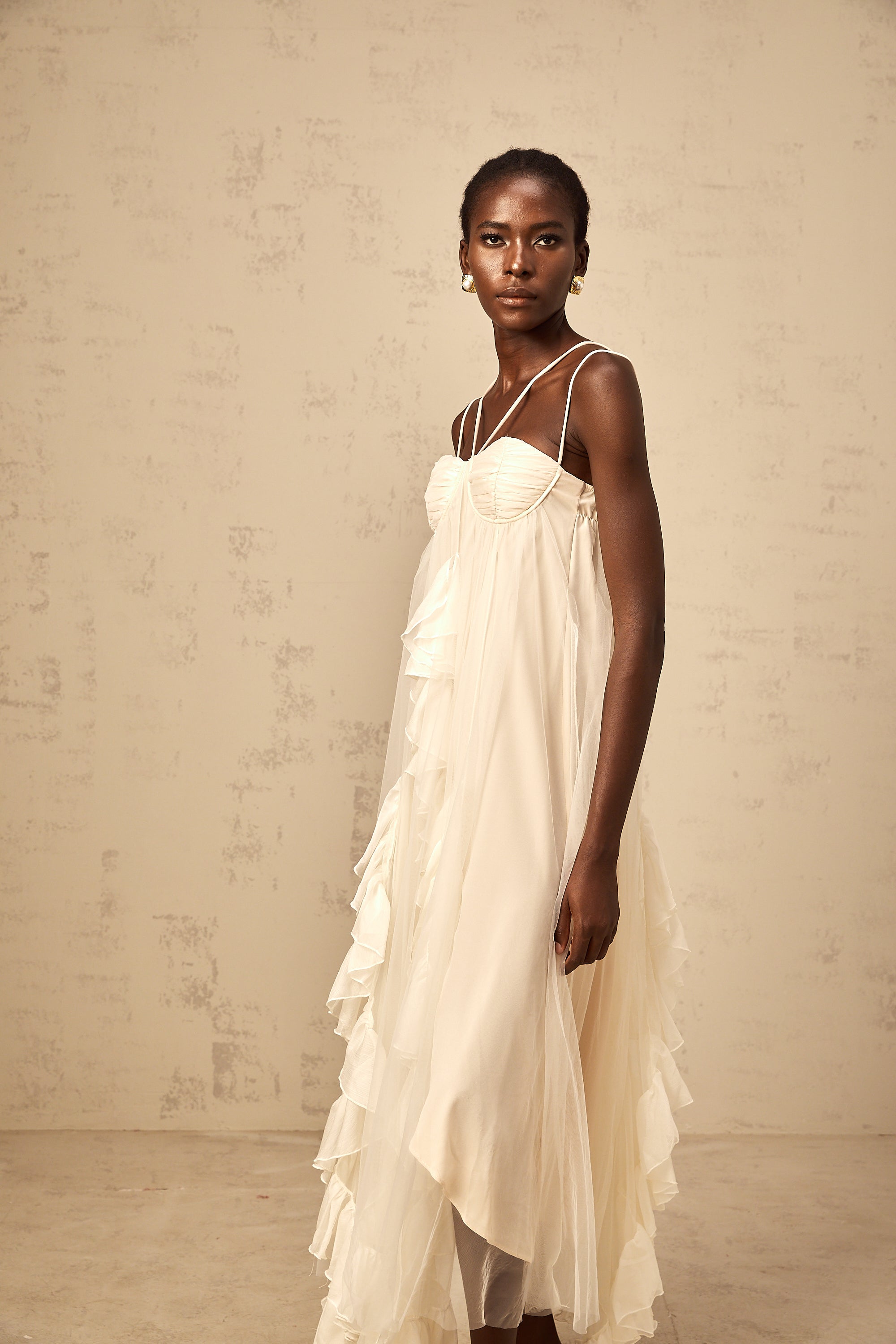 Colette layered ruffled tulle maxi dress in Neutrals