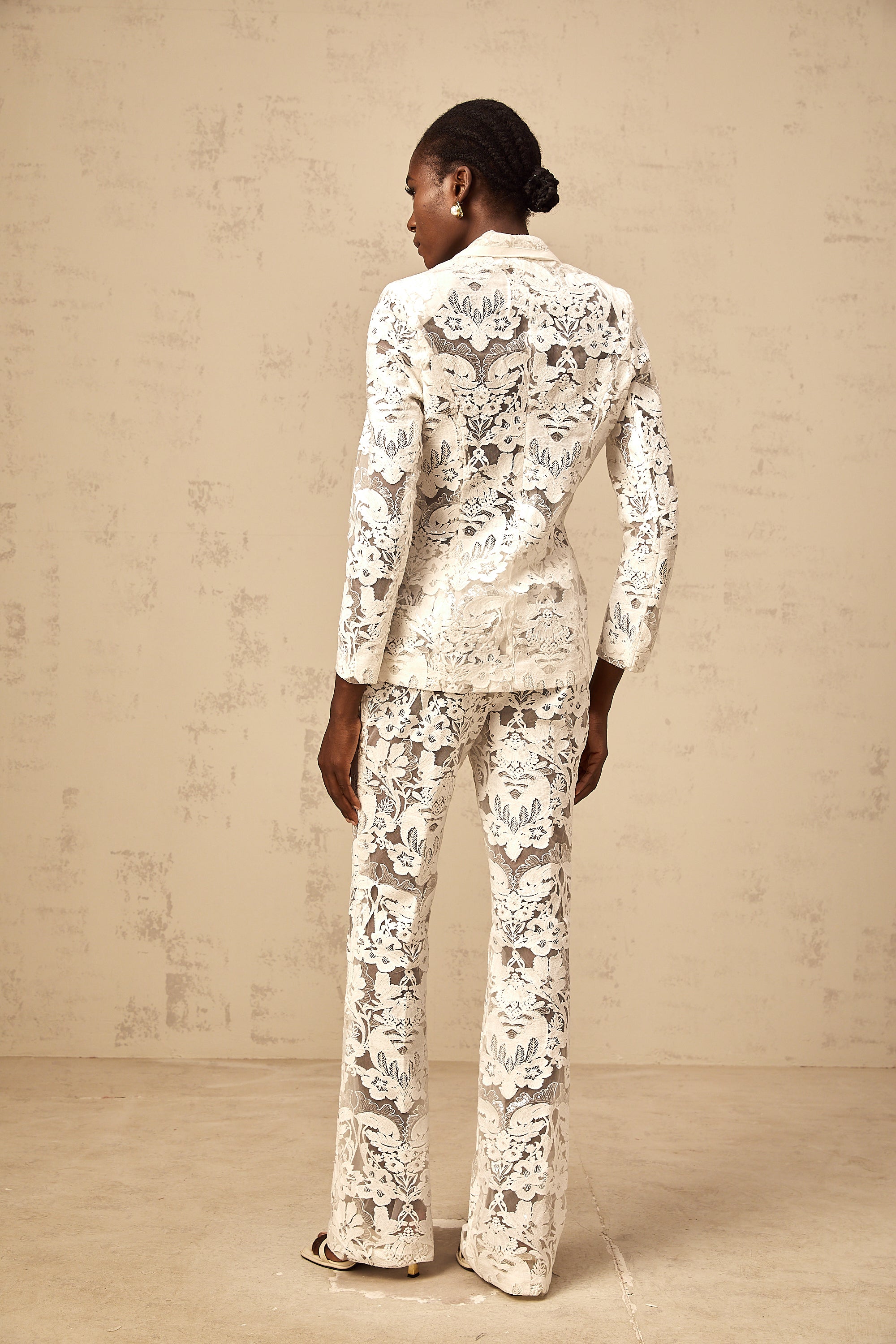 Yaelle white sequined flower-embroidered tulle blazer & trousers matching set