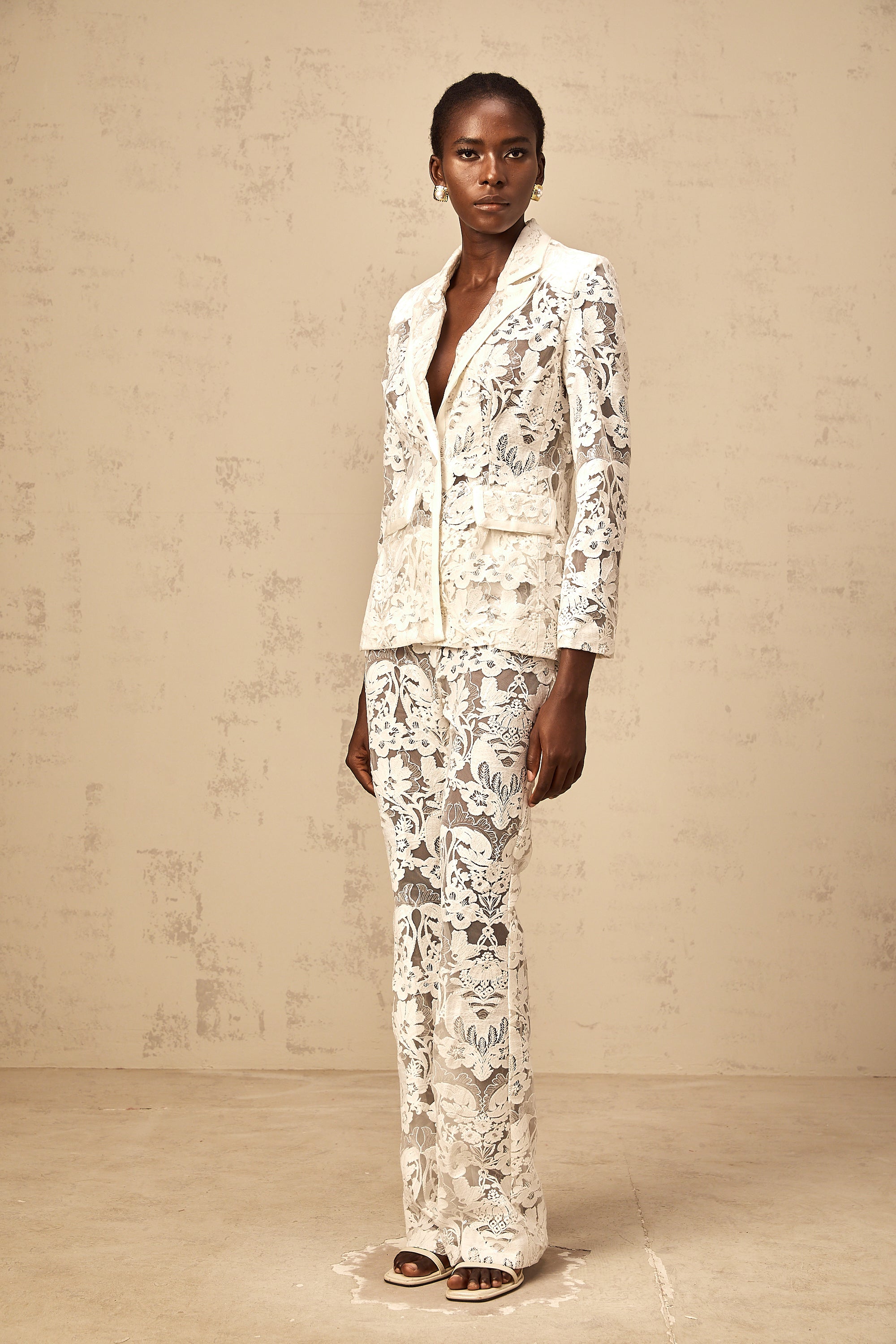 Yaelle white sequined flower-embroidered tulle blazer & trousers matching set