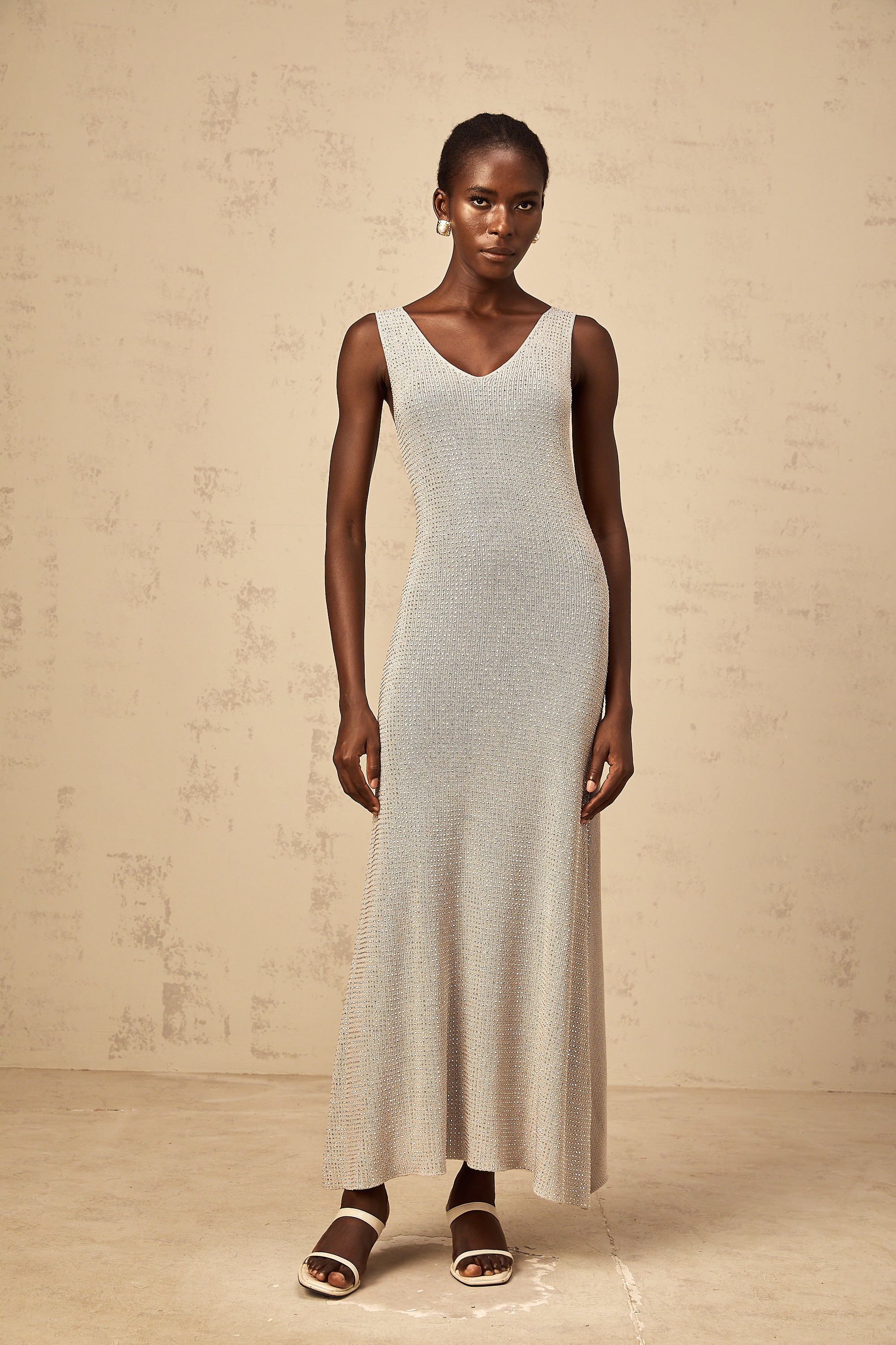 Wanda grey rhinestone knitted tank maxi dress