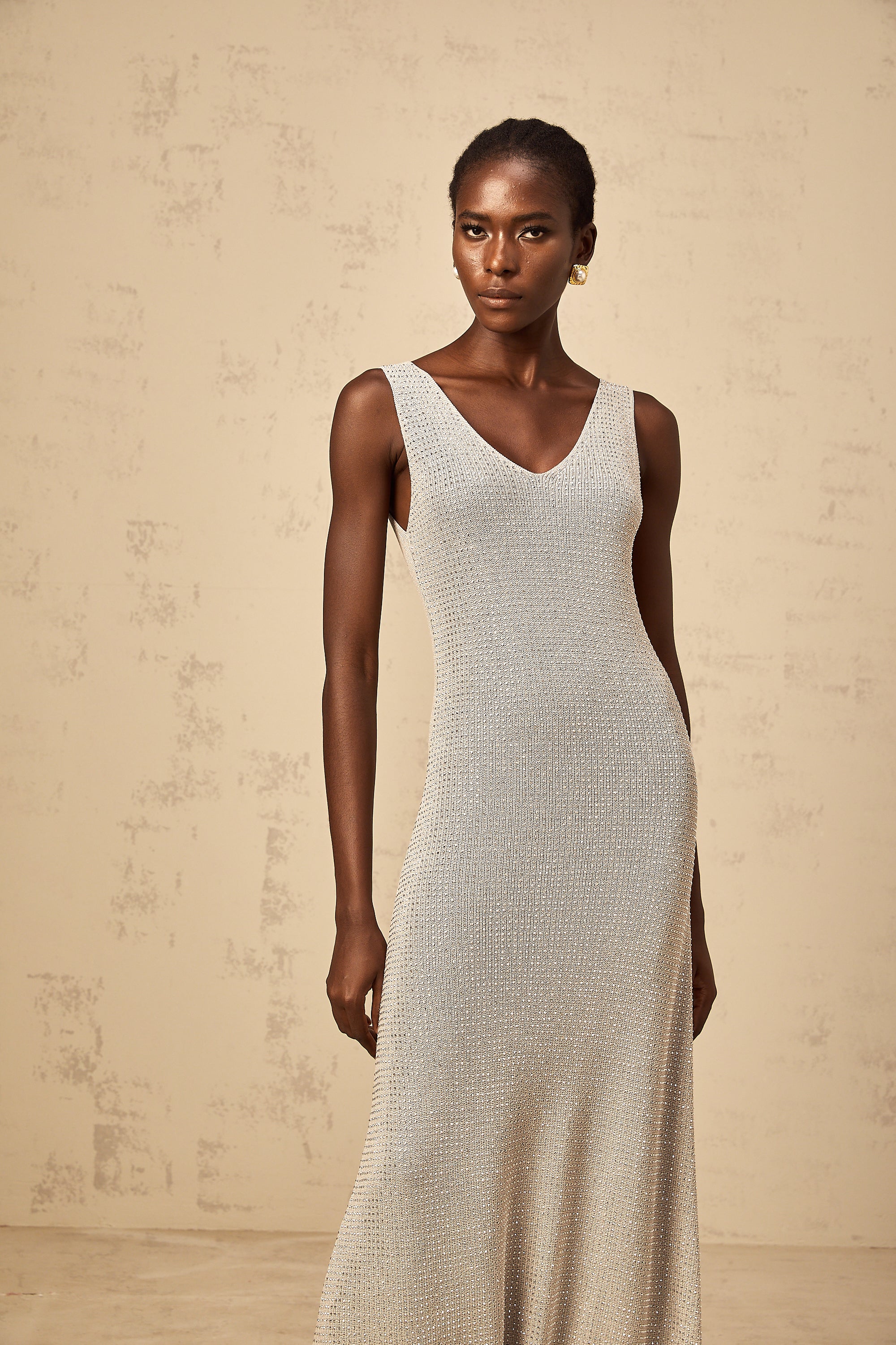 Wanda grey rhinestone knitted tank maxi dress