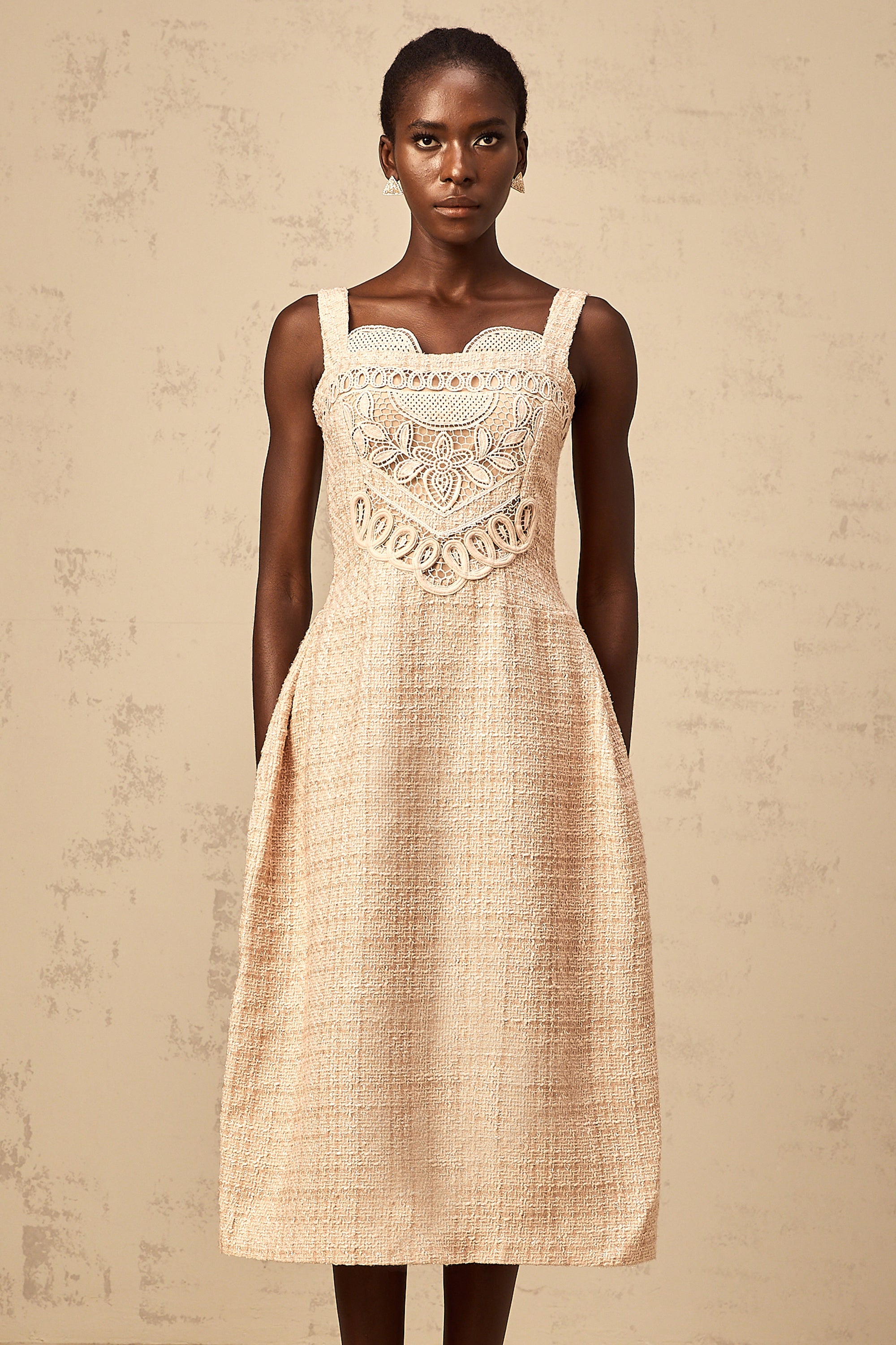 Véronica neutrals interwoven embroidered mini dress