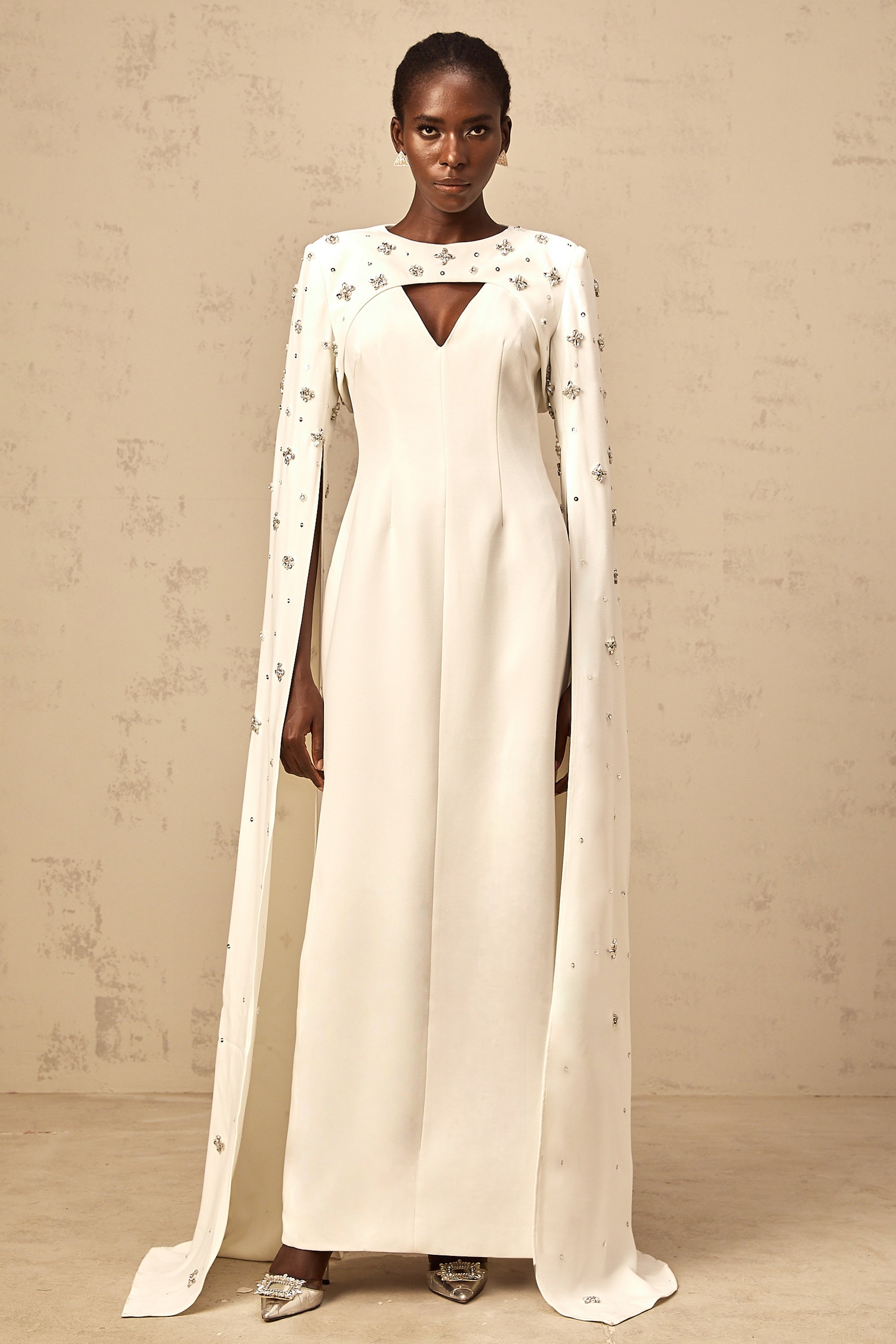 Fanny White Extra-long-sleeve Embellished Gown