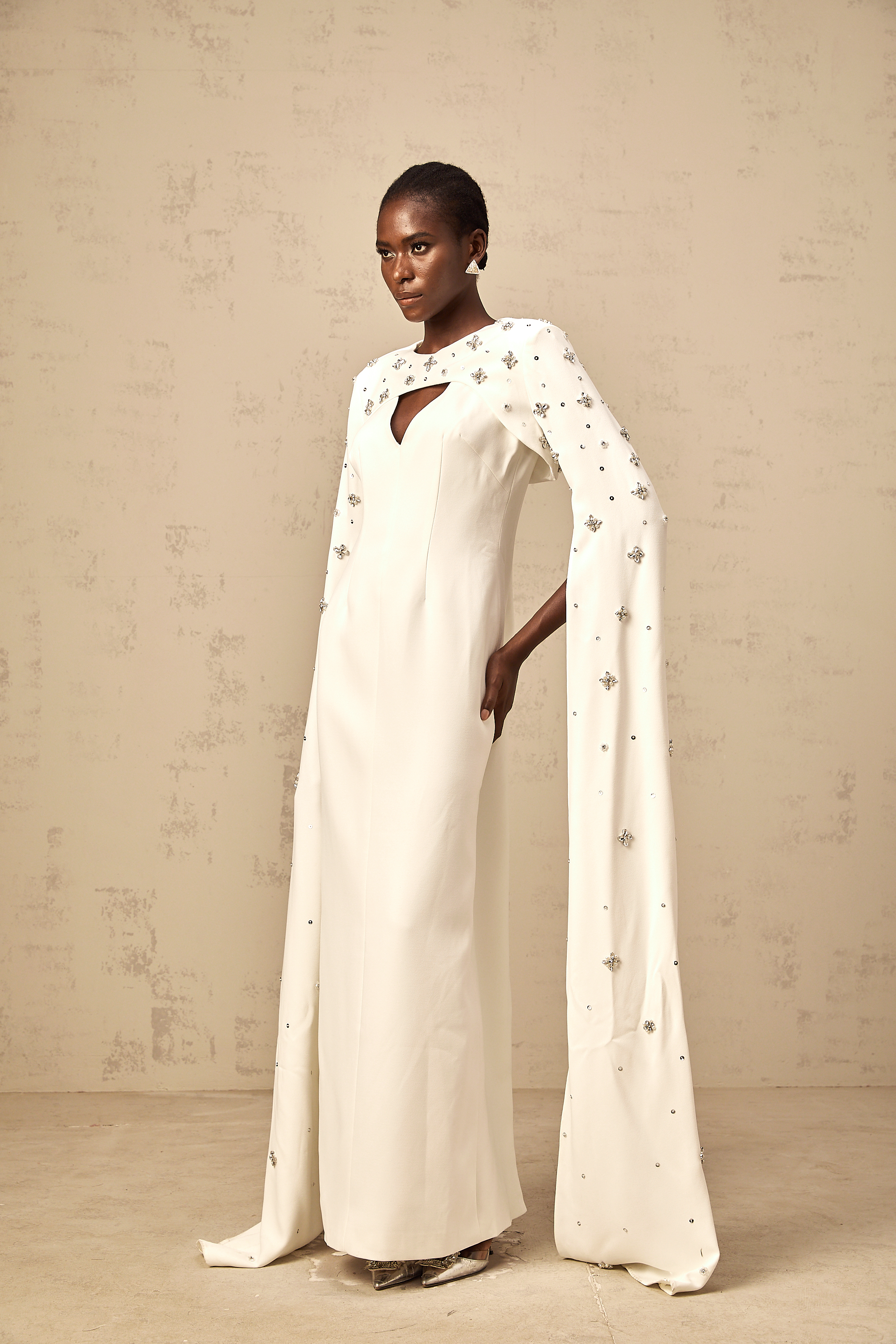 Fanny White Extra-long-sleeve Embellished Gown