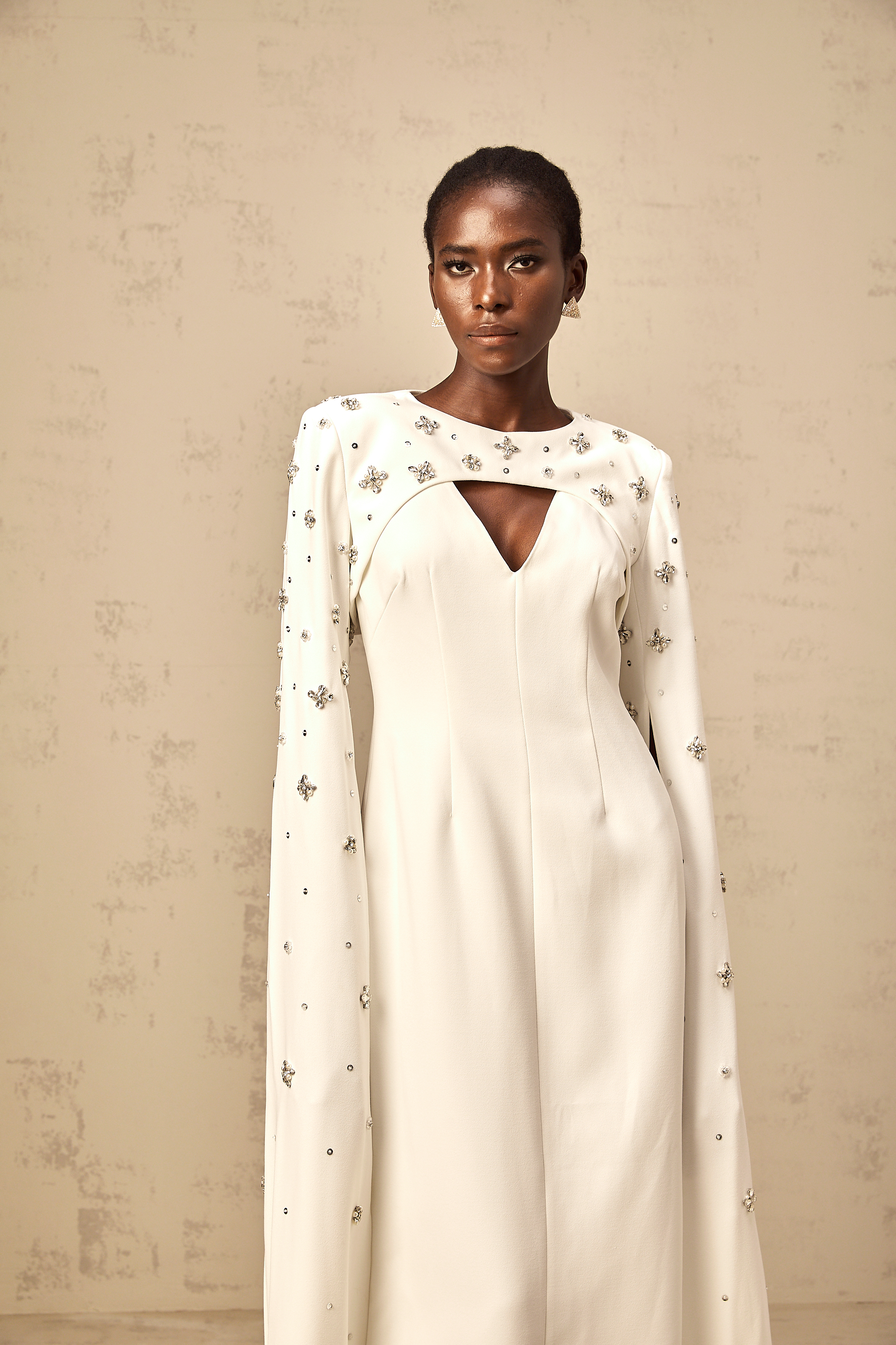 Fanny White Extra-long-sleeve Embellished Gown