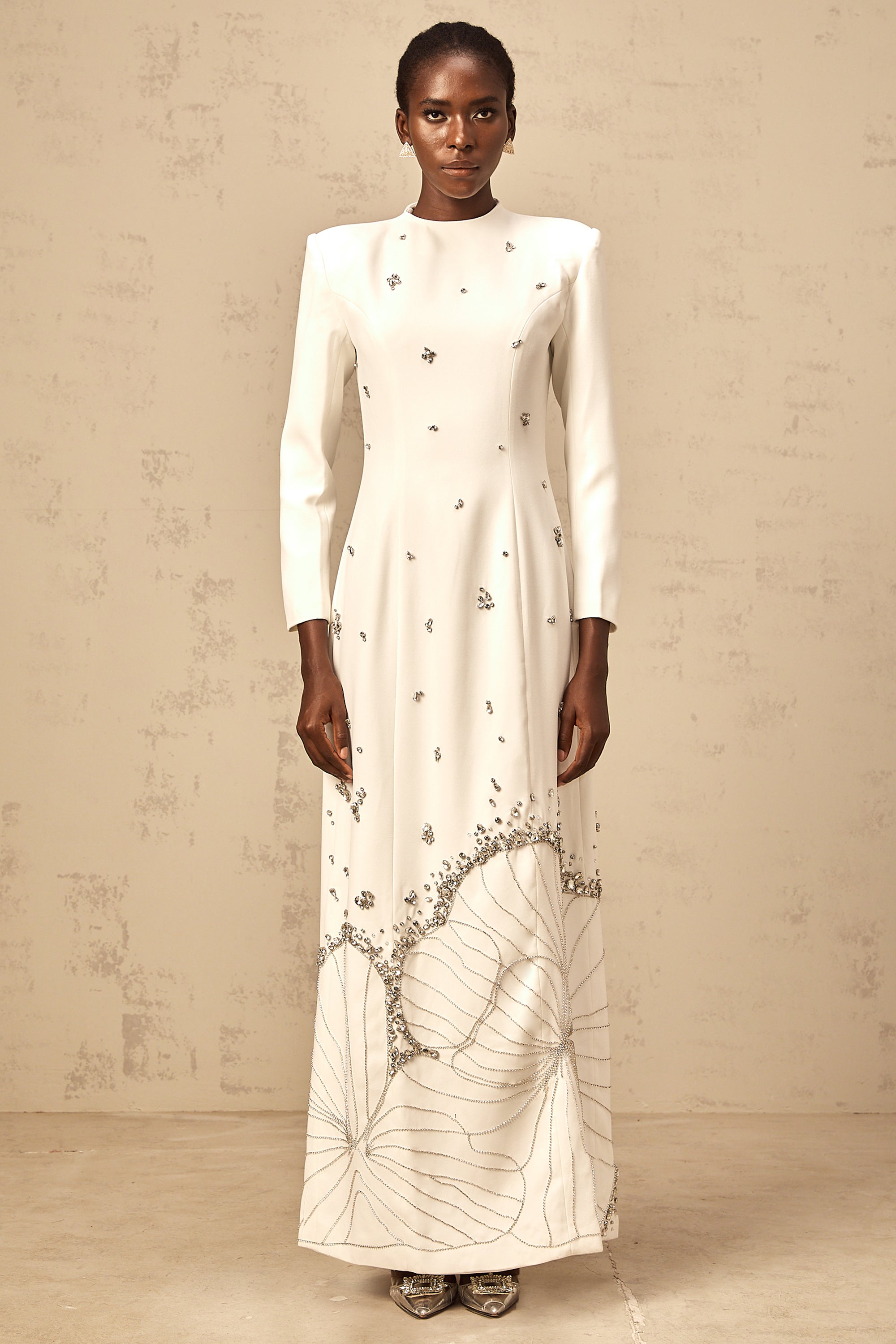 Daphné white lotus-motif embellished maxi dress