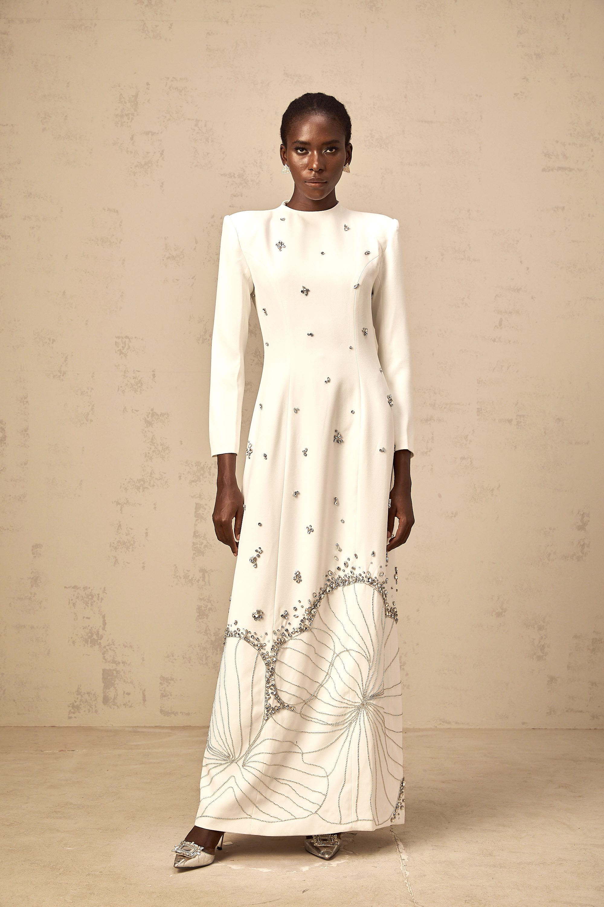 Daphné white lotus-motif embellished maxi dress