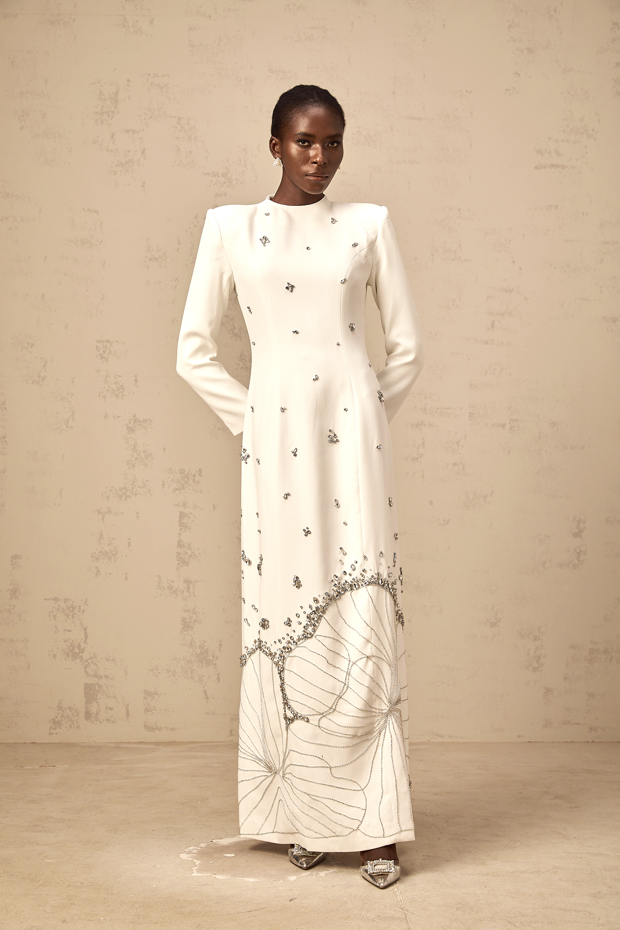 Daphné white lotus-motif embellished maxi dress
