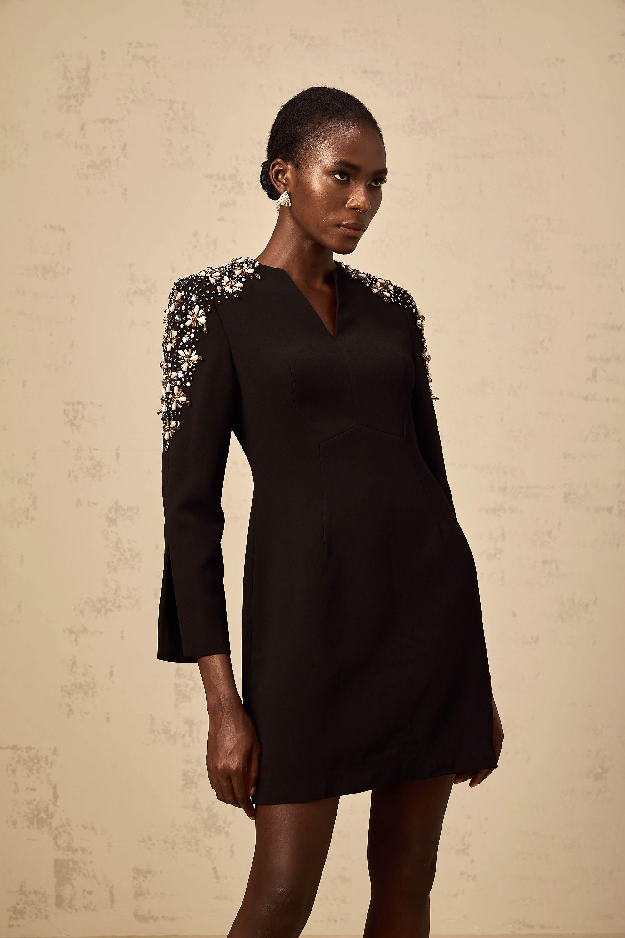 Béatrice black split-neck embellished mini dress