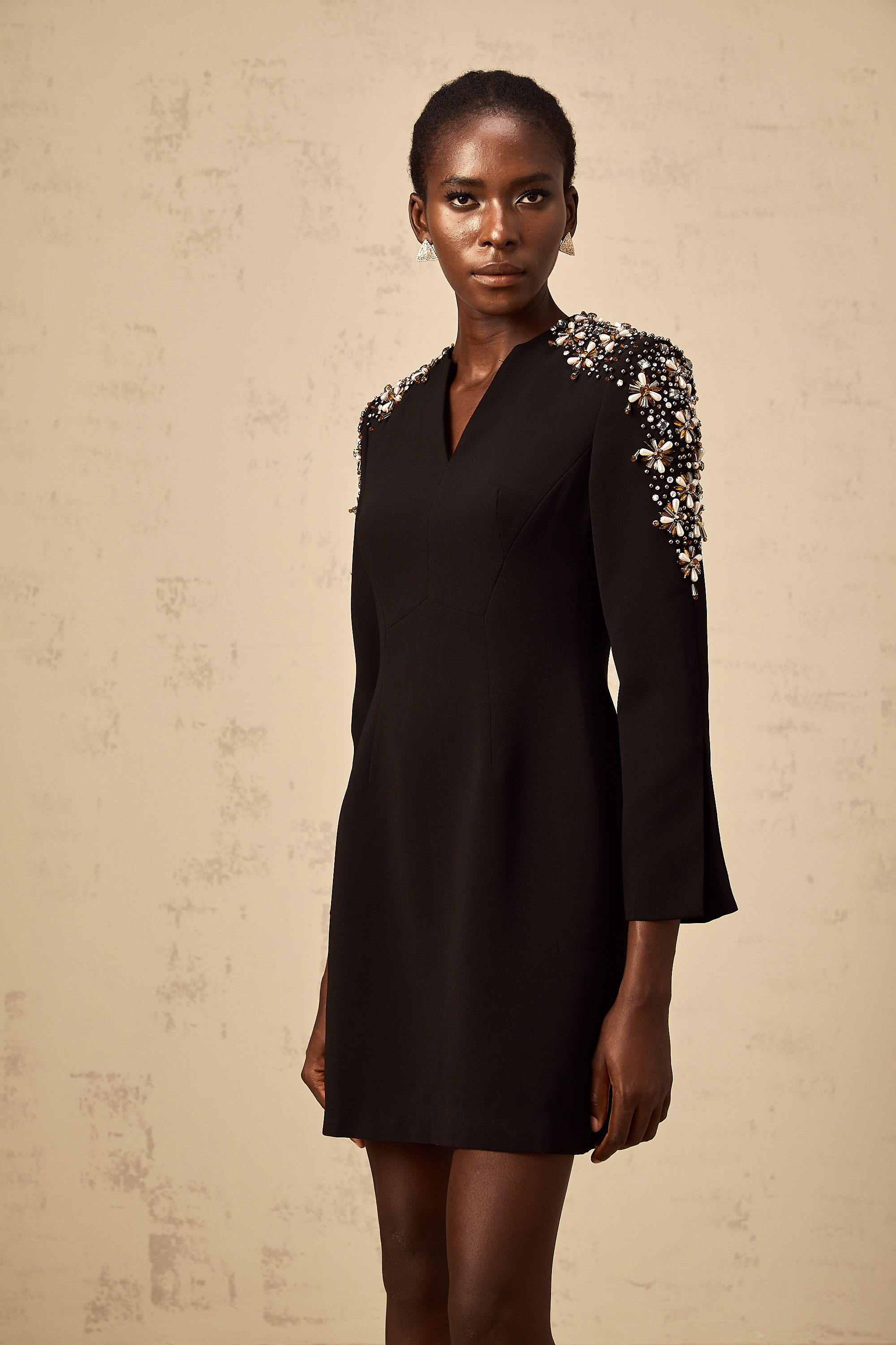 Béatrice black split-neck embellished mini dress