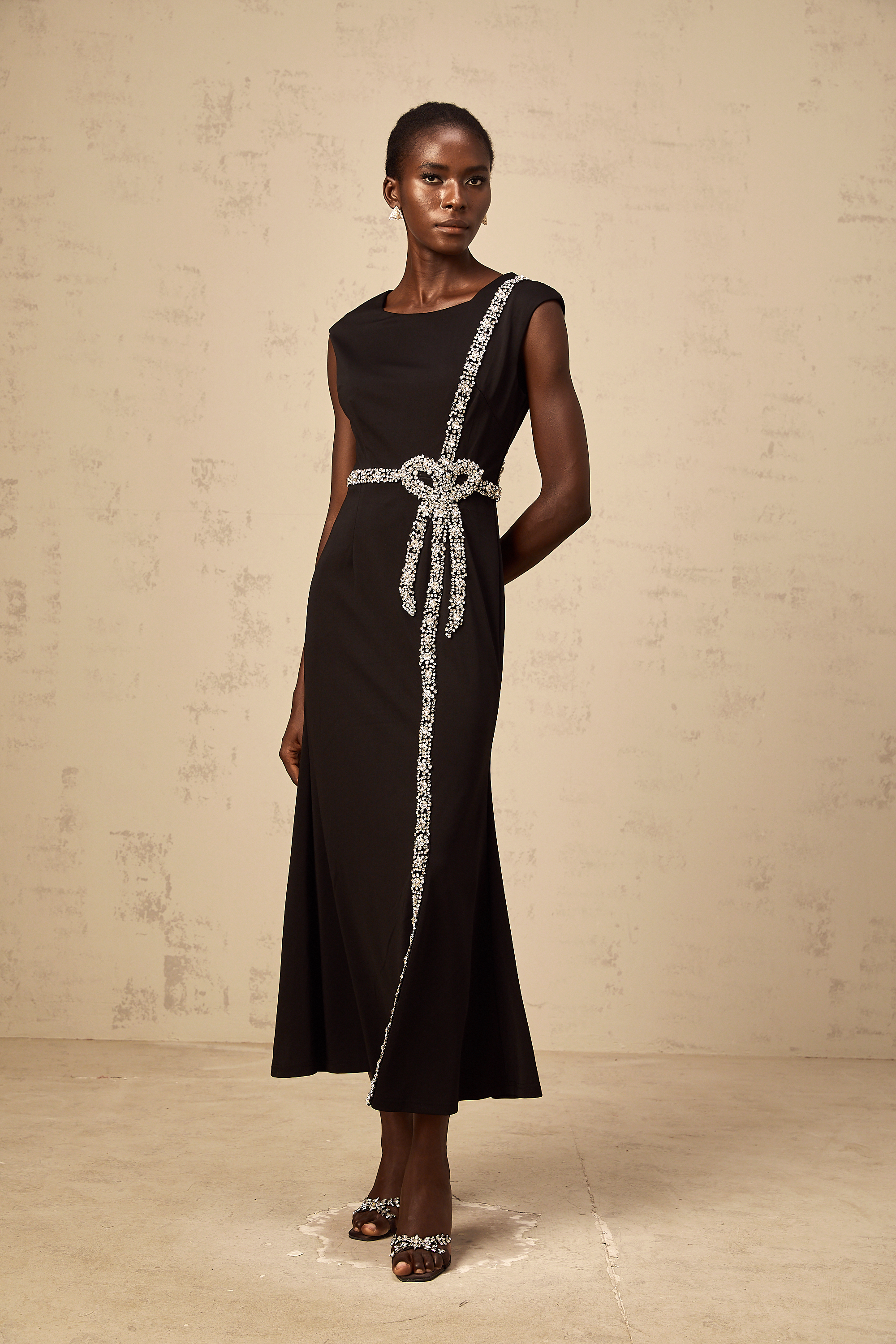 Paloma black bow embellished mermaid midi dress