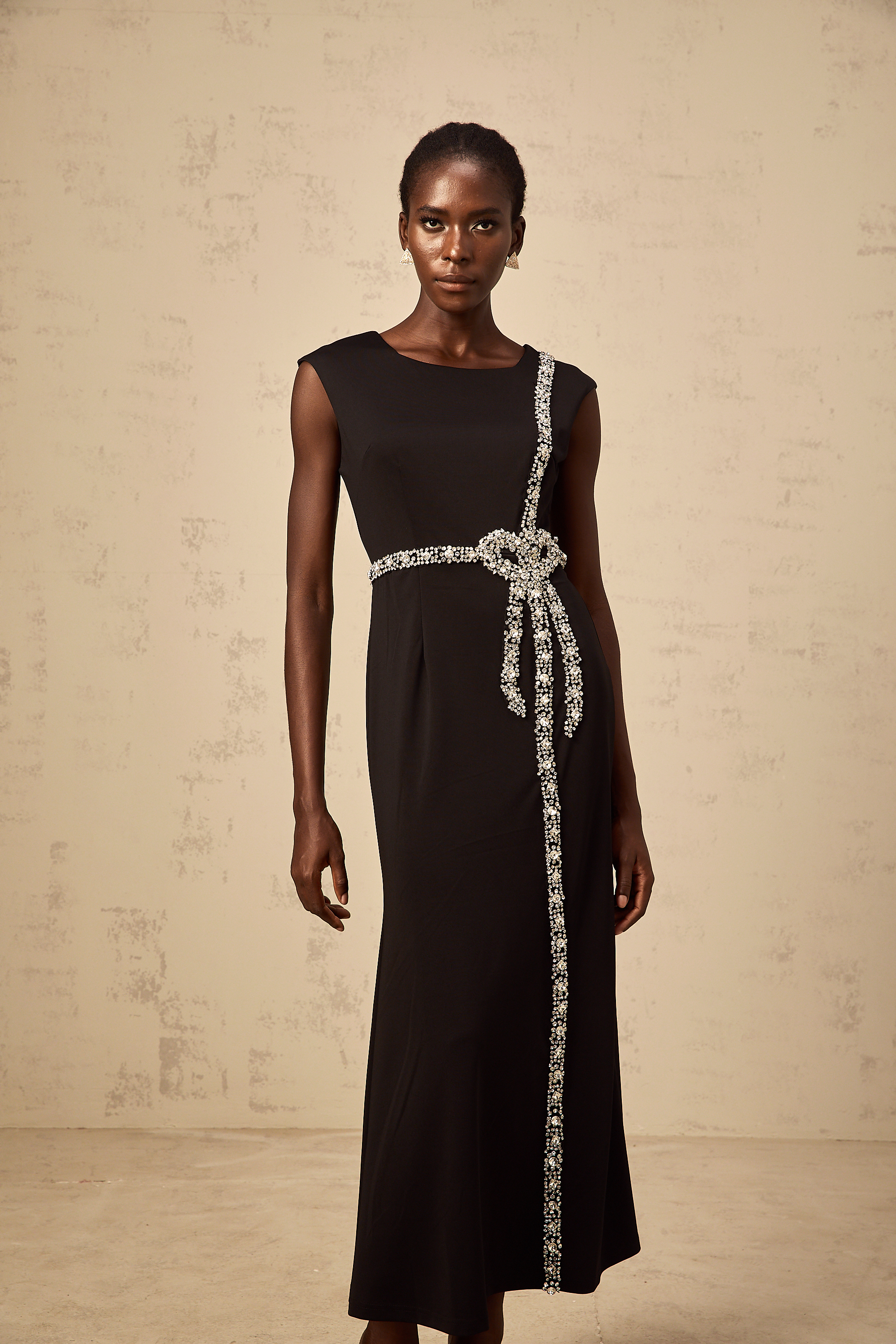 Paloma black bow embellished mermaid midi dress