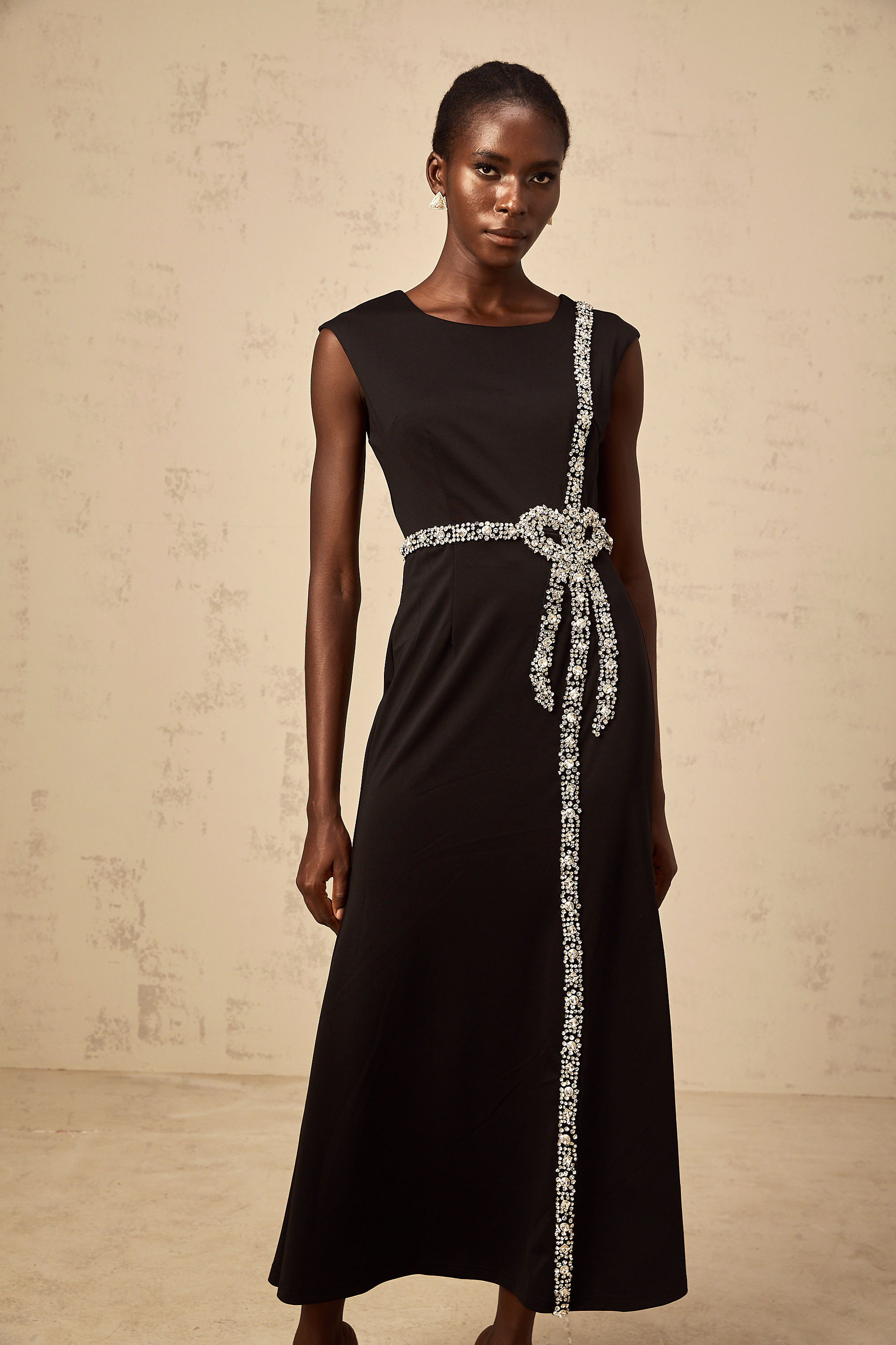 Paloma black bow embellished mermaid midi dress