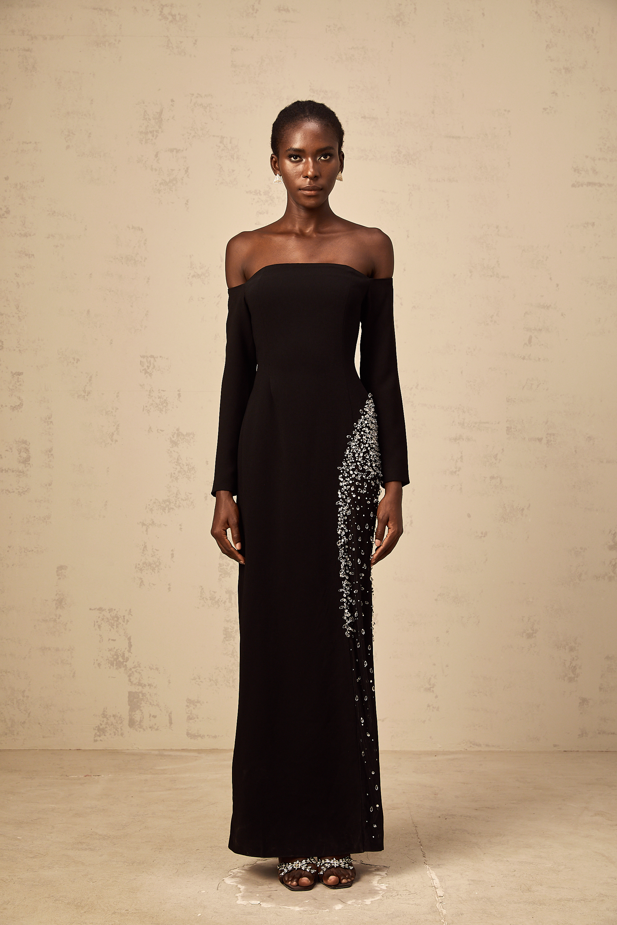 Hyacinthe black mesh-panel embellished maxi dress
