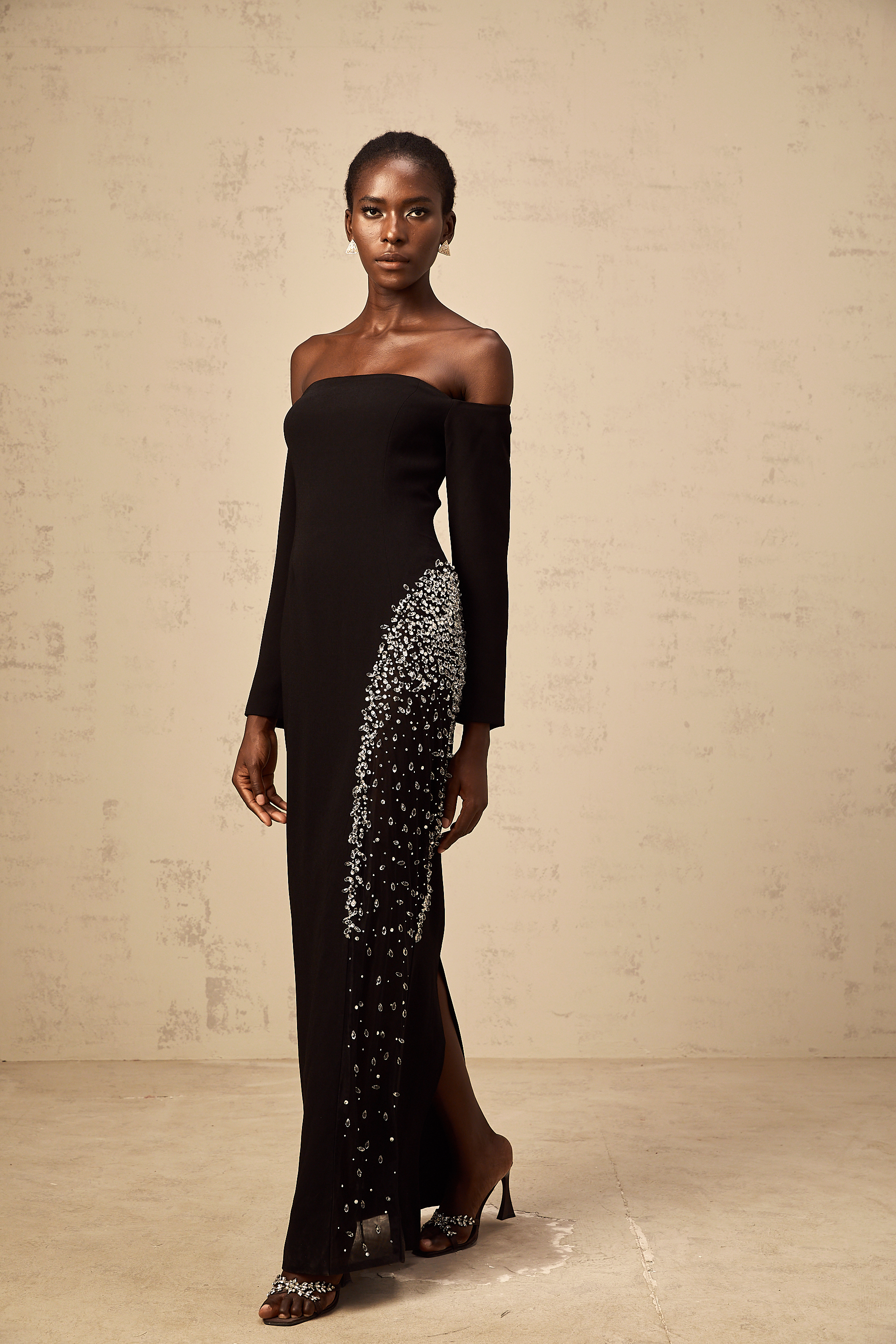 Hyacinthe black mesh-panel embellished maxi dress