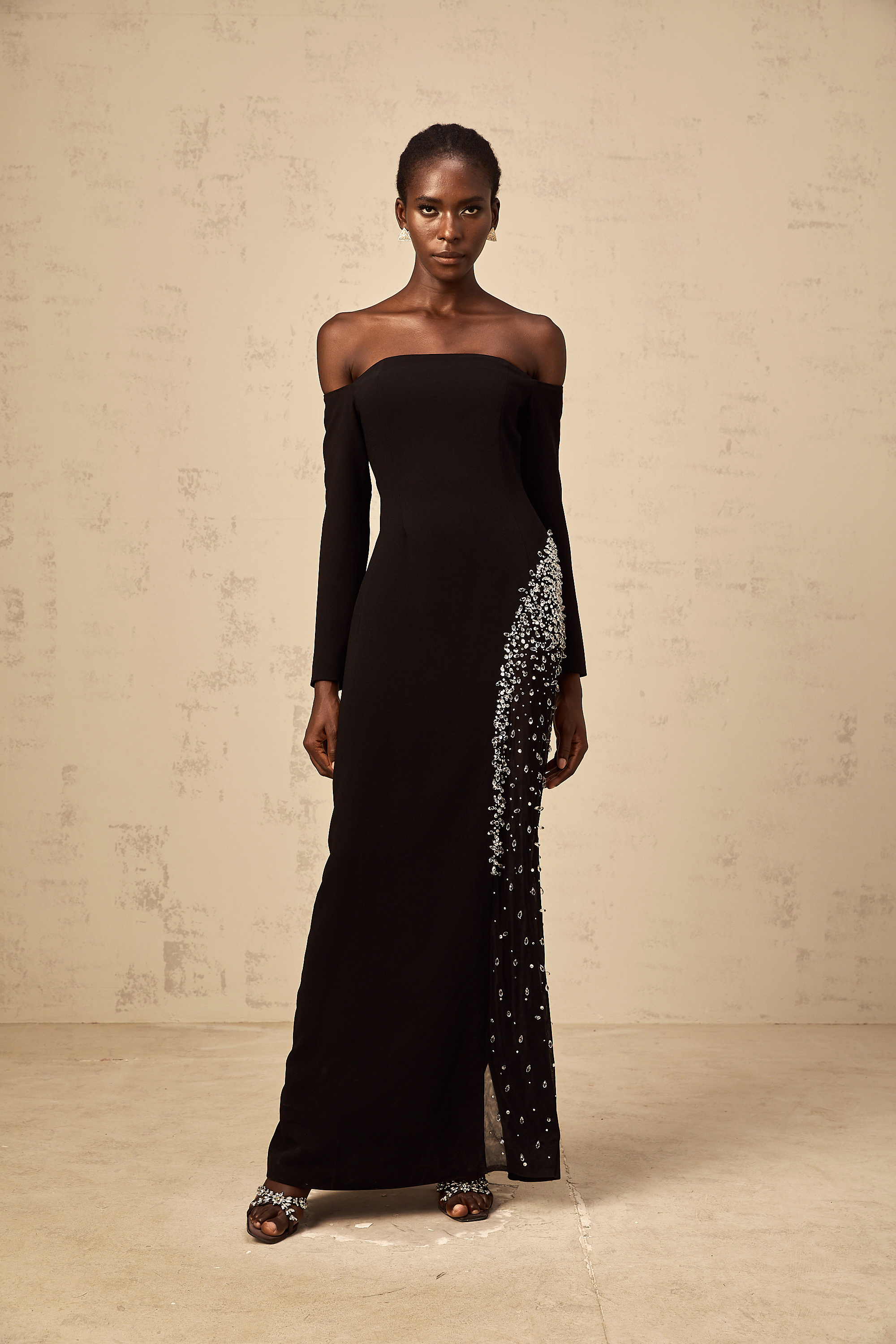 Hyacinthe black mesh-panel embellished maxi dress