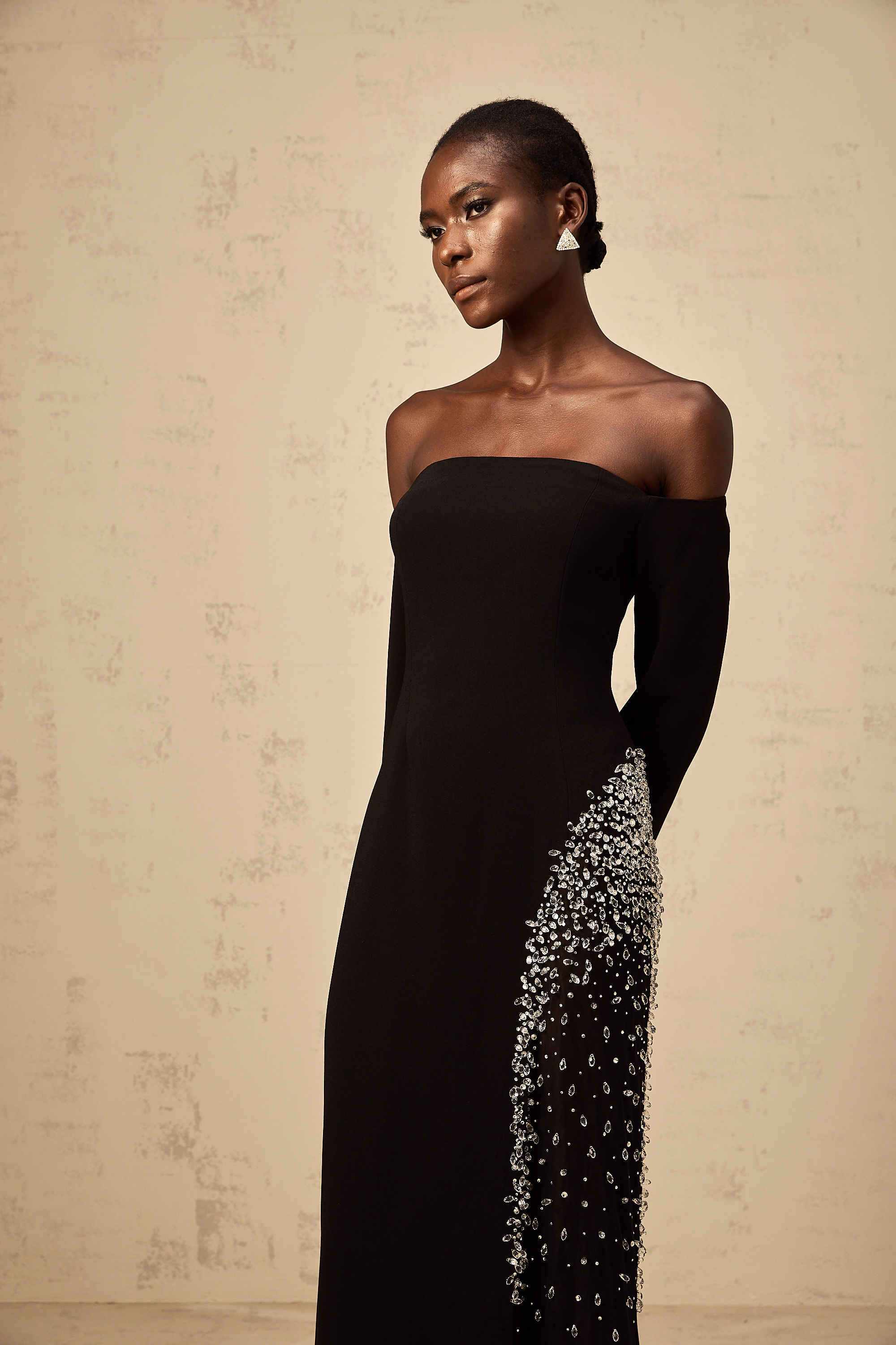 Hyacinthe black mesh-panel embellished maxi dress