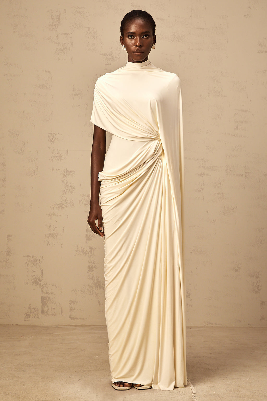 Athens | White Asymmetric-Neck Maxi Dress With Cape Sleeve Detail