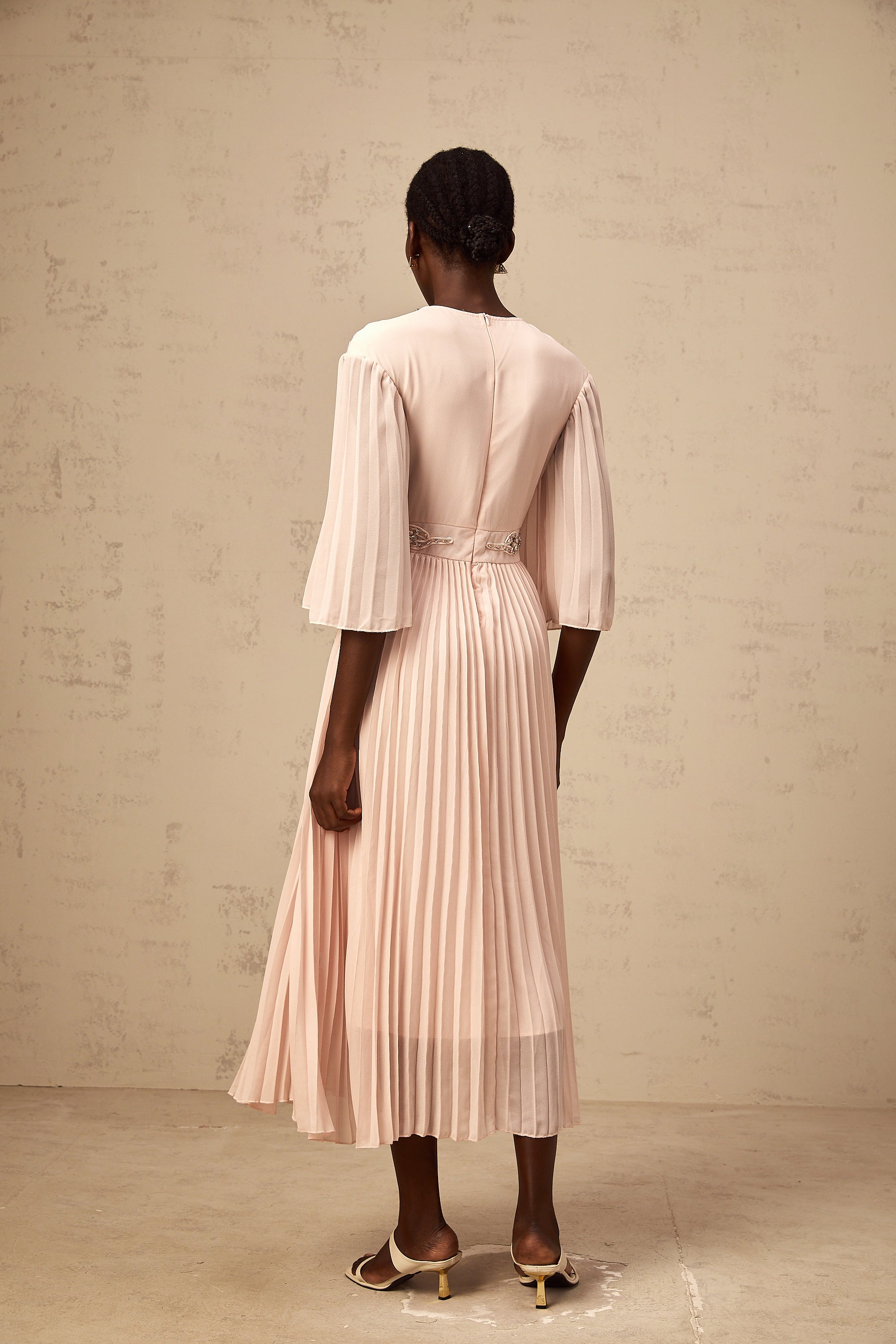 Théa pink crystal full-pleat midi dress