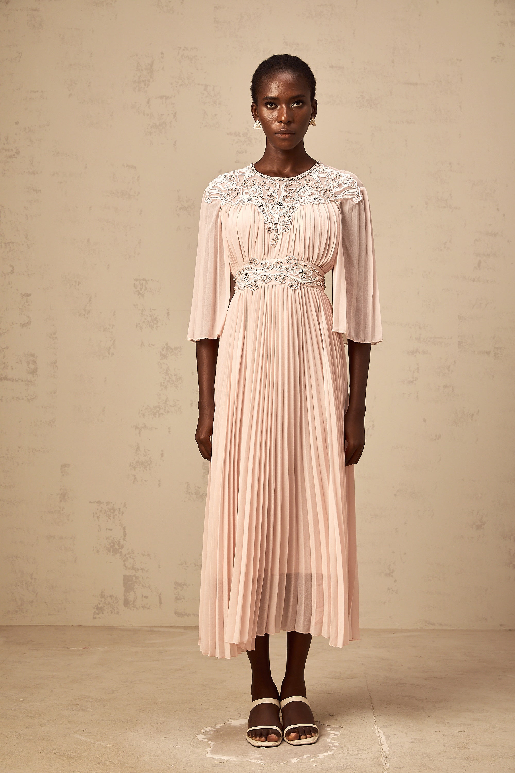 Théa pink crystal full-pleat midi dress