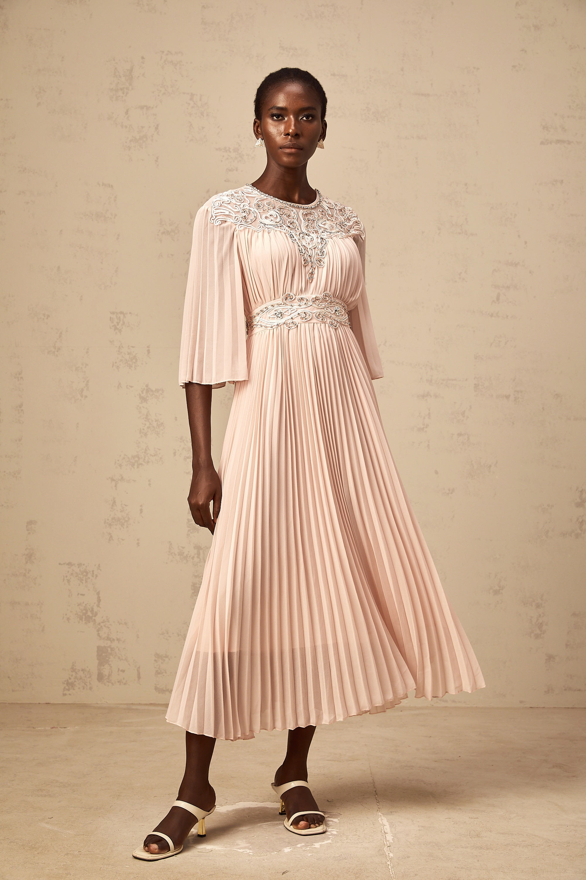 Théa pink crystal full-pleat midi dress