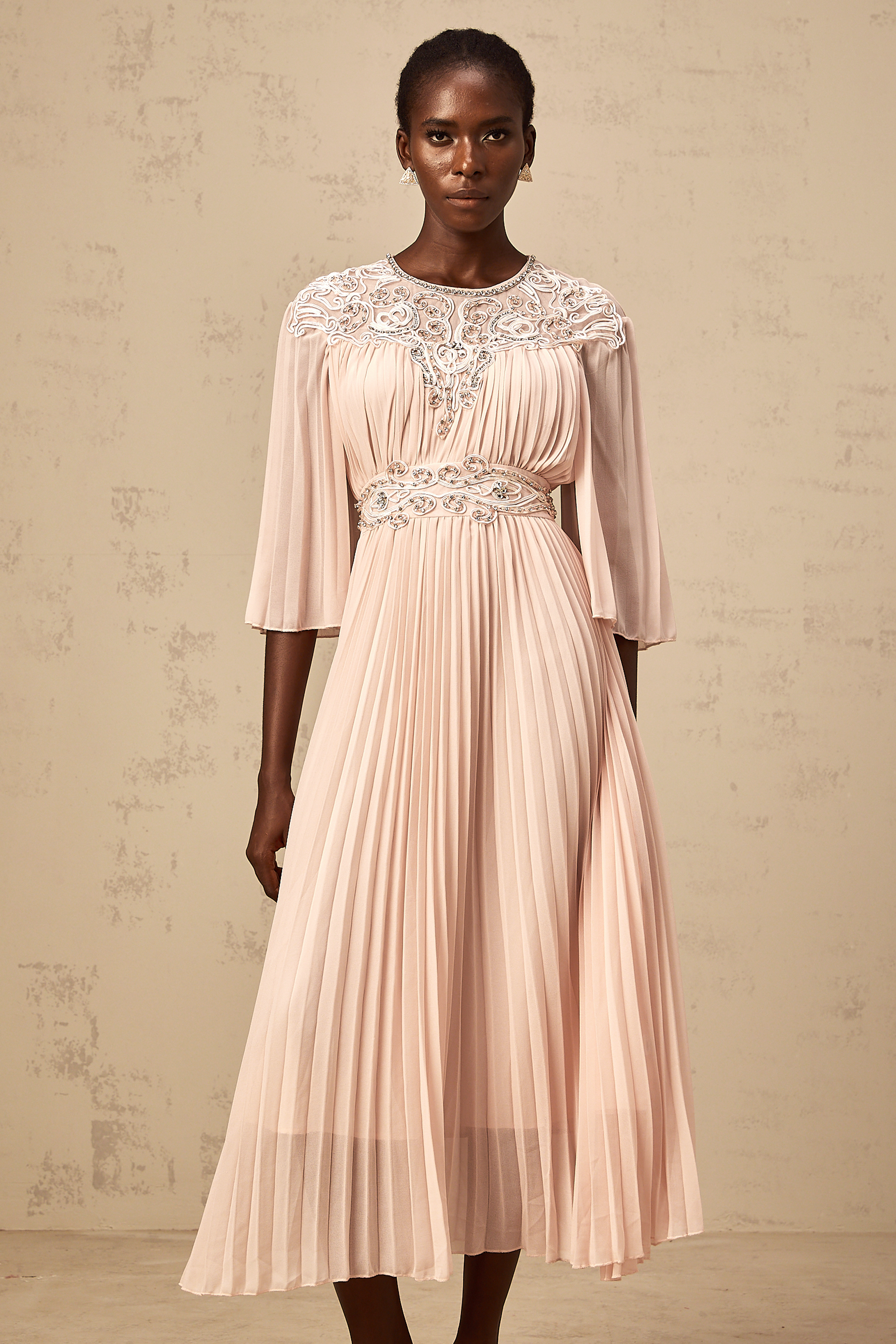 Théa pink crystal full-pleat midi dress