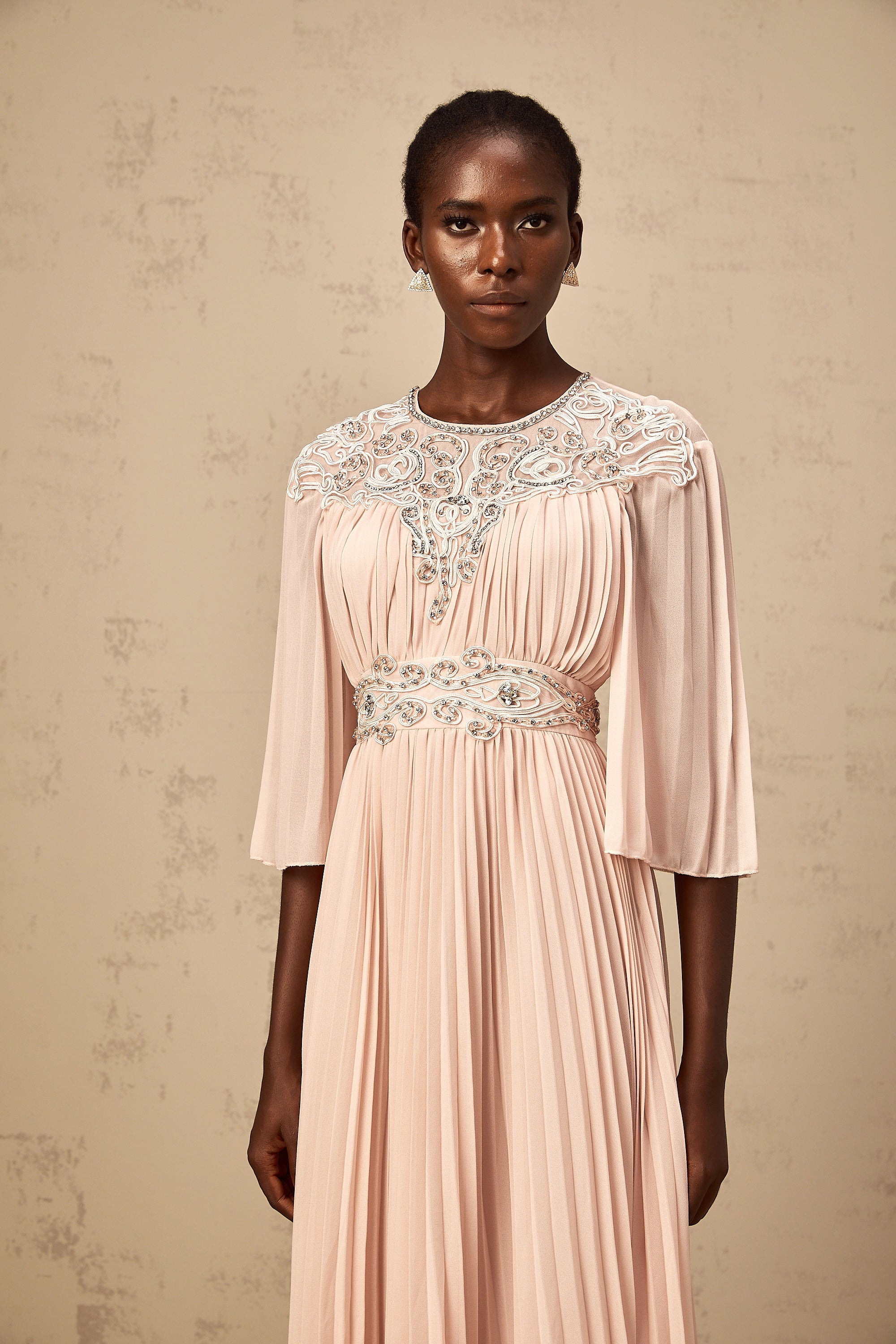 Théa pink crystal full-pleat midi dress