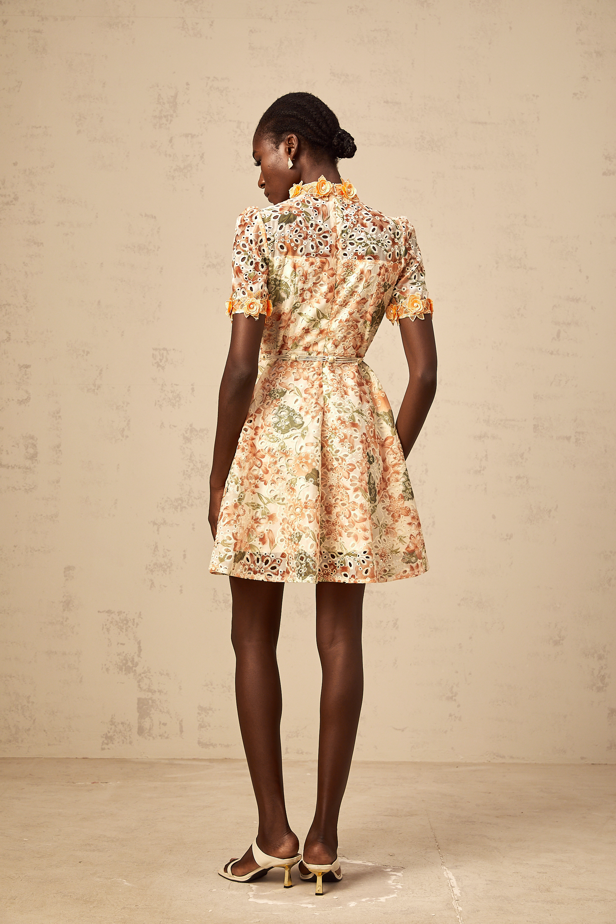 Lilou orange flower-embroidered embellished mini dress