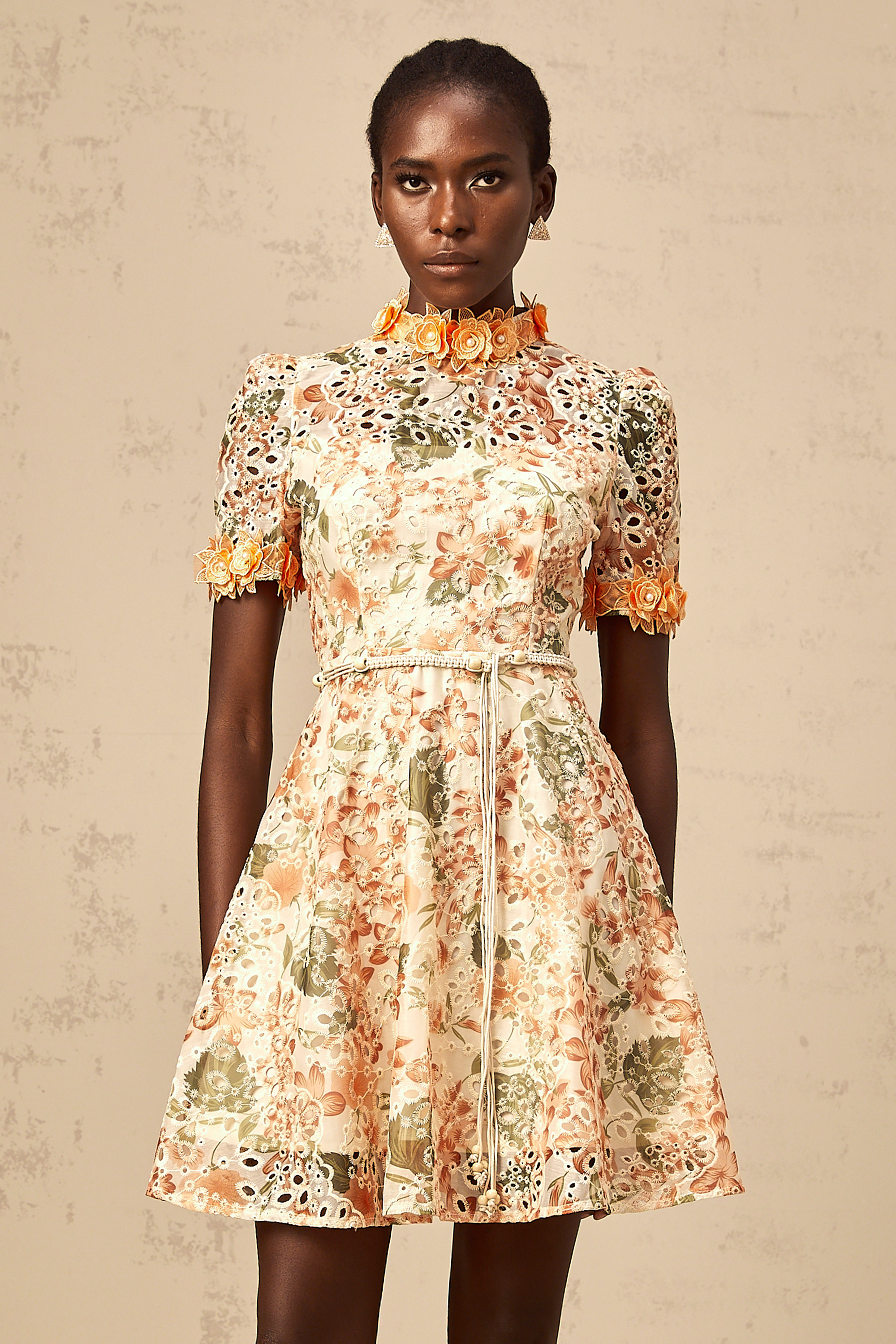 Lilou orange flower-embroidered embellished mini dress