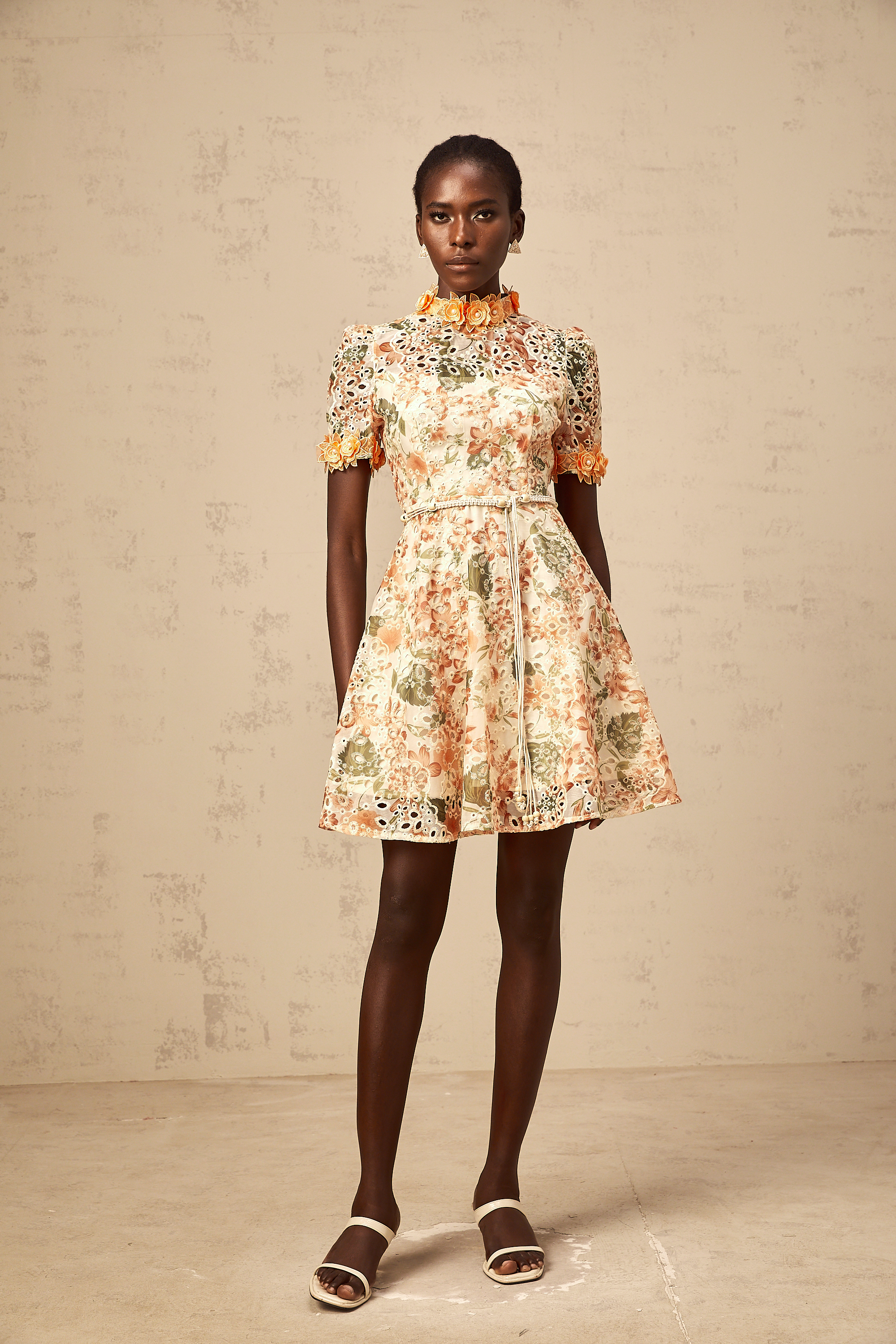 Lilou orange flower-embroidered embellished mini dress