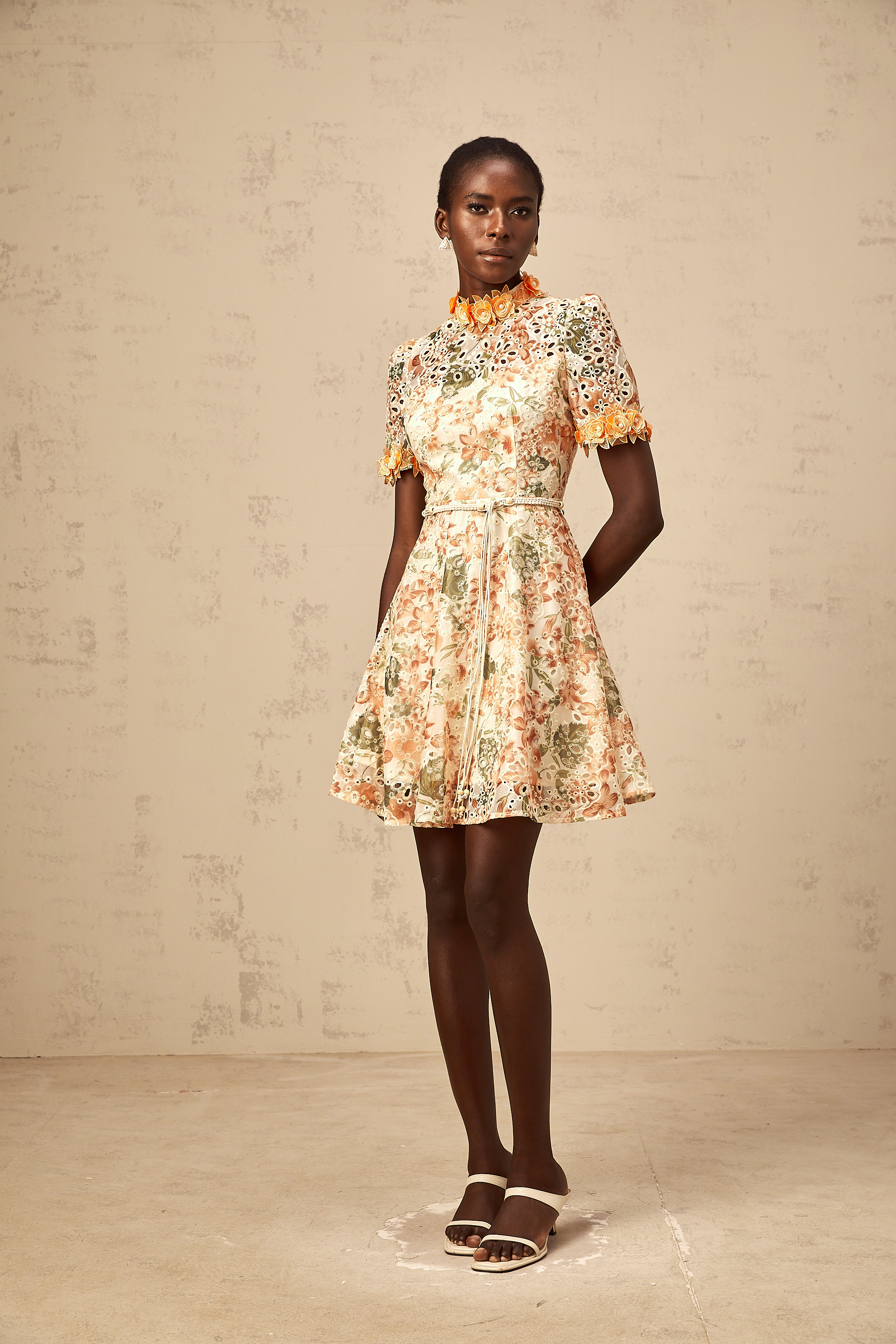 Lilou orange flower-embroidered embellished mini dress