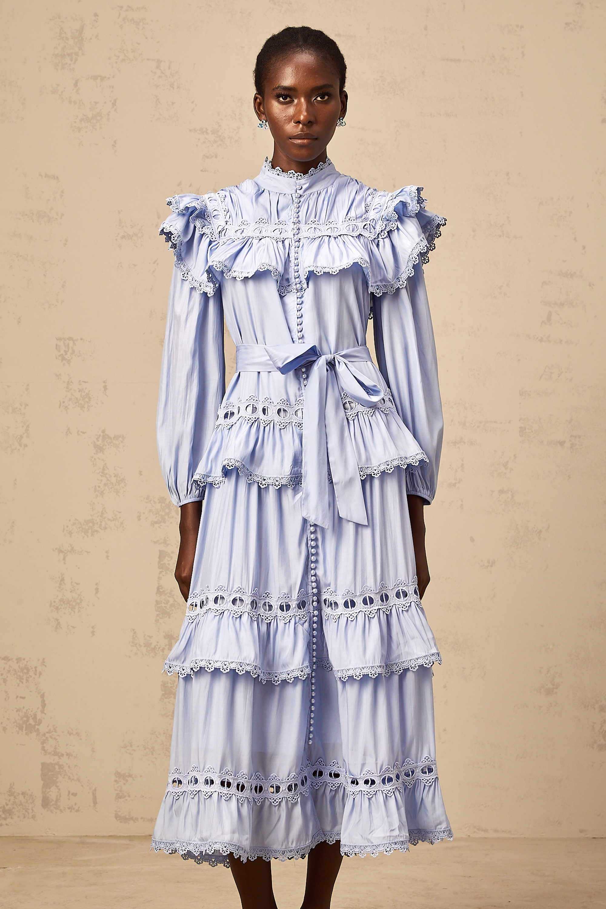 Véronique blue lace-trim tiered midi dress