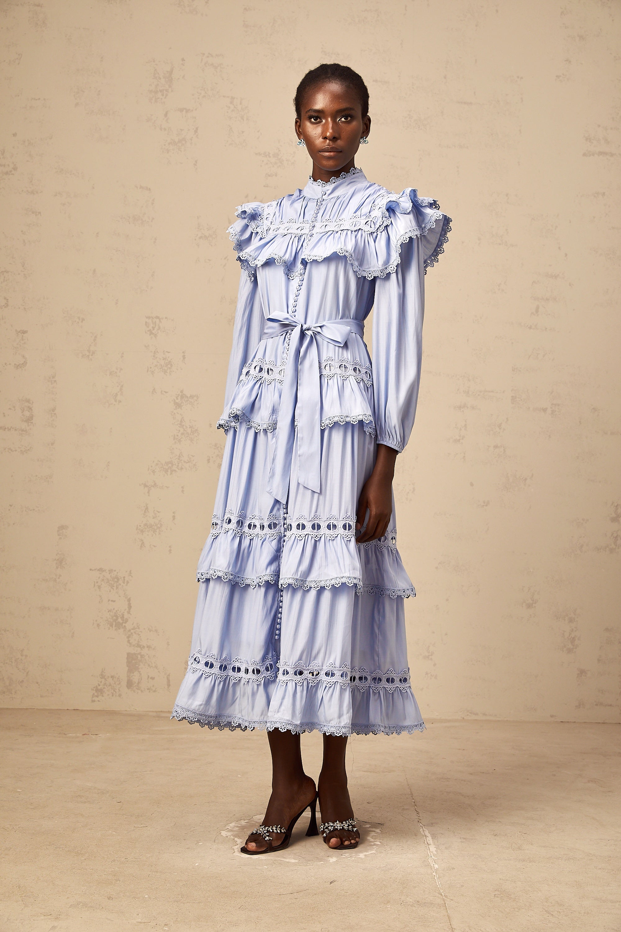 Véronique blue lace-trim tiered midi dress